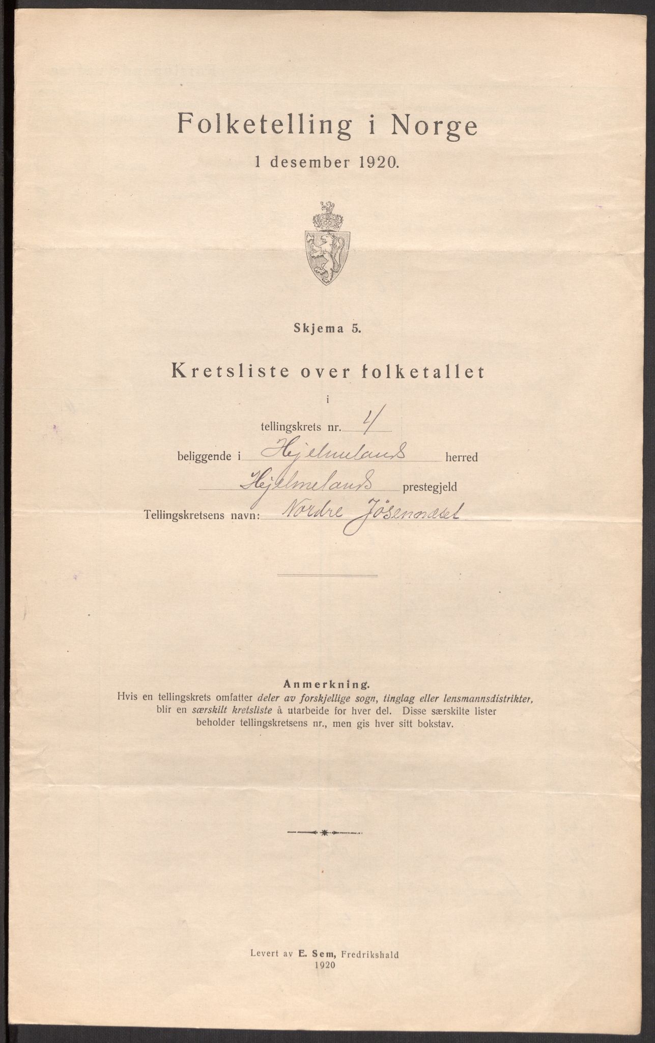 SAST, 1920 census for Hjelmeland, 1920, p. 26