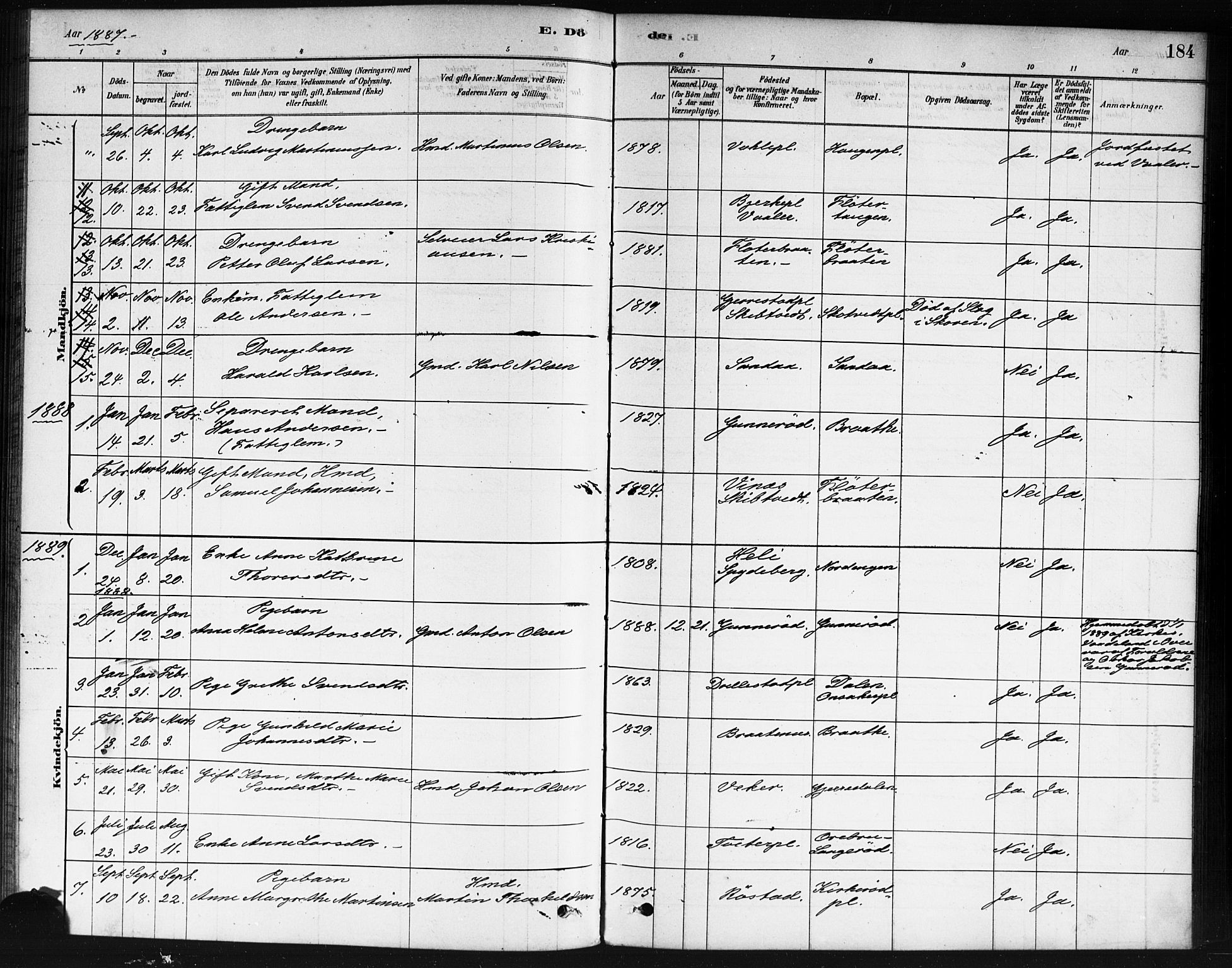 Våler prestekontor Kirkebøker, AV/SAO-A-11083/F/Fb/L0001: Parish register (official) no. II 1, 1878-1896, p. 184