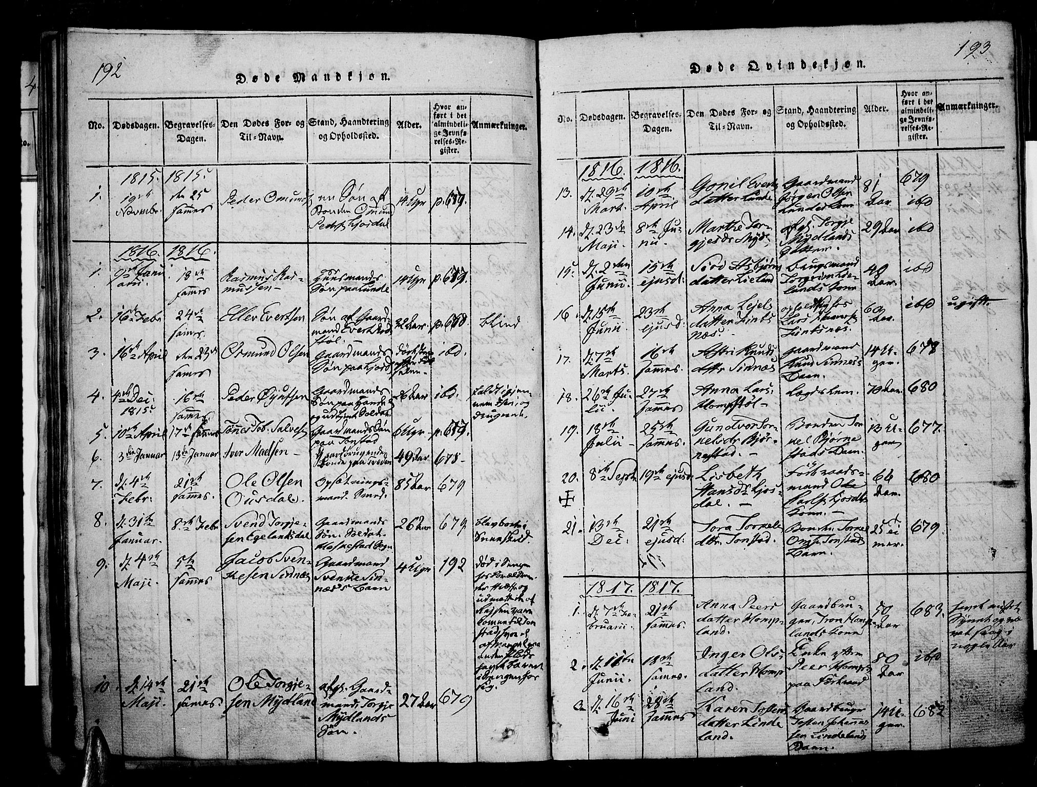 Sirdal sokneprestkontor, AV/SAK-1111-0036/F/Fa/Fab/L0001: Parish register (official) no. A 1, 1815-1834, p. 192-193