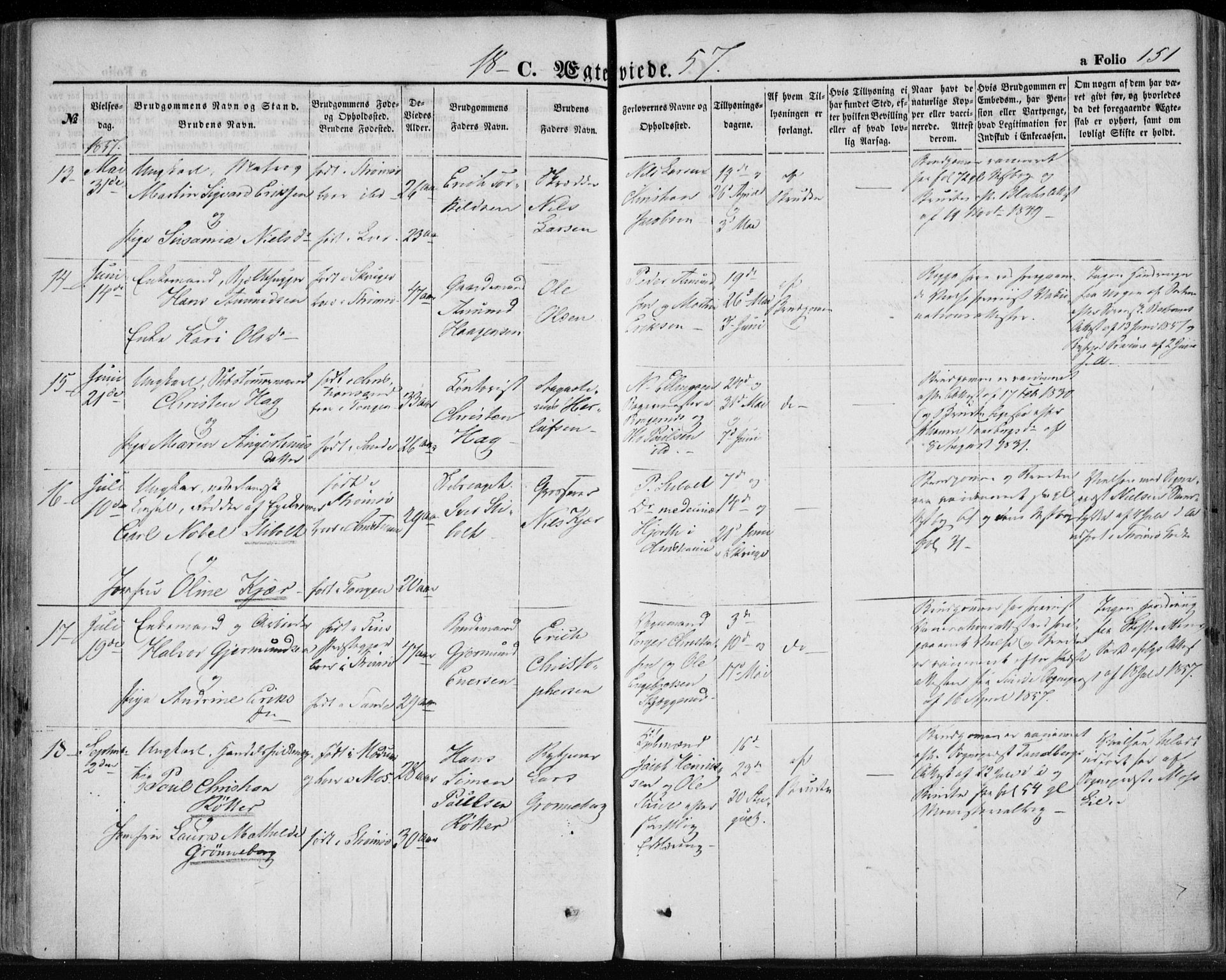 Strømsø kirkebøker, AV/SAKO-A-246/F/Fa/L0017: Parish register (official) no. I 17, 1848-1865, p. 151