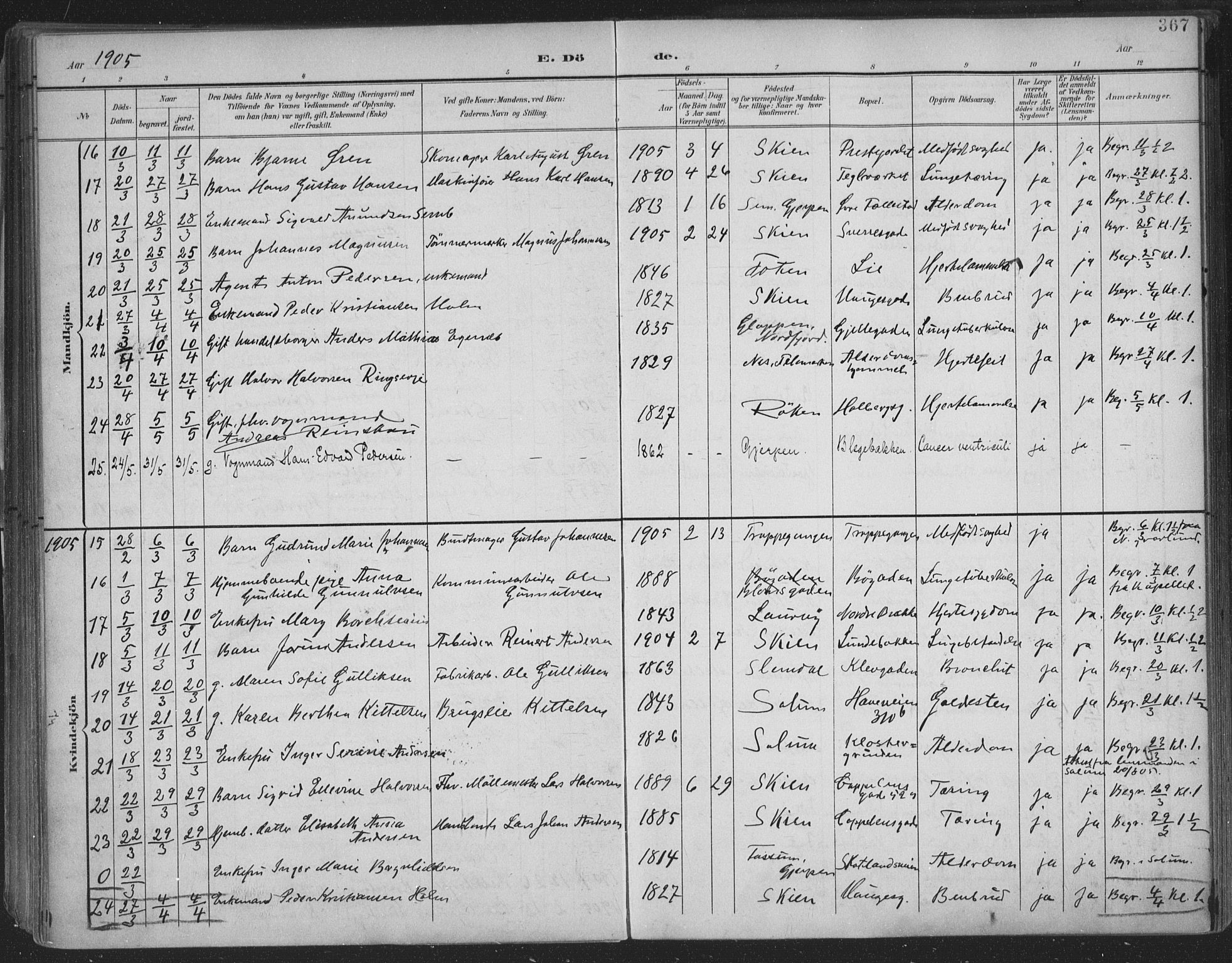 Skien kirkebøker, AV/SAKO-A-302/F/Fa/L0011: Parish register (official) no. 11, 1900-1907, p. 367