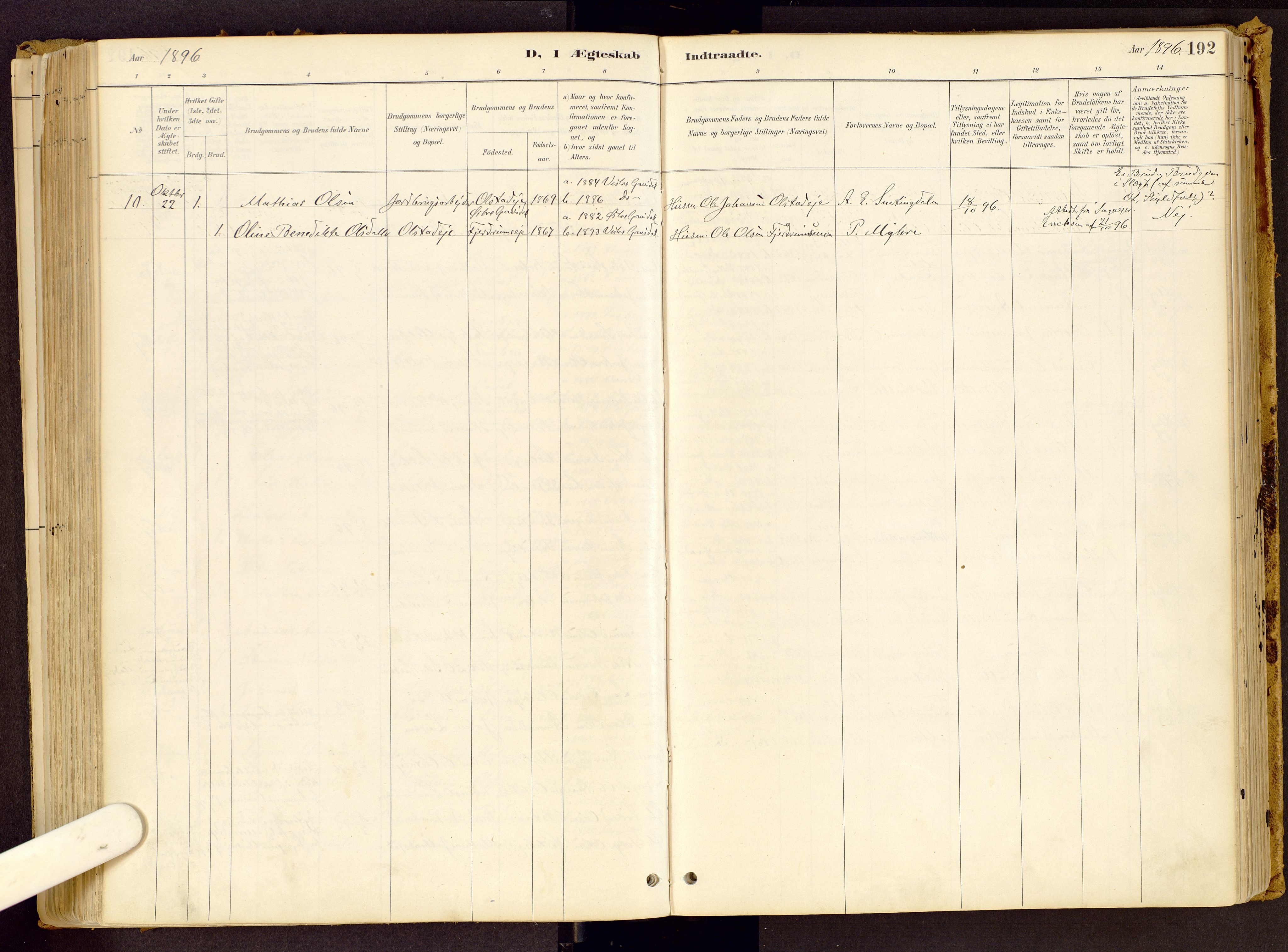 Vestre Gausdal prestekontor, SAH/PREST-094/H/Ha/Haa/L0001: Parish register (official) no. 1, 1887-1914, p. 192