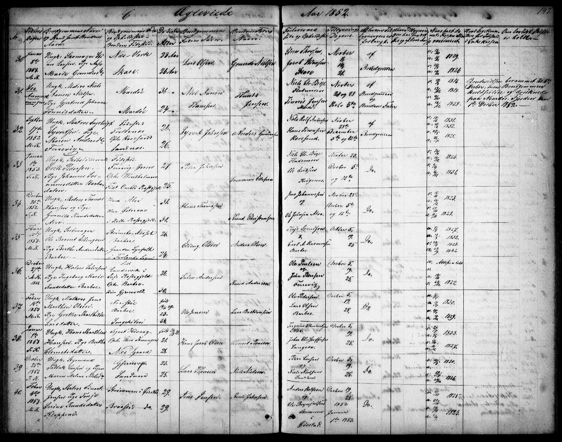 Tromøy sokneprestkontor, AV/SAK-1111-0041/F/Fb/L0002: Parish register (copy) no. B 2, 1851-1858, p. 147