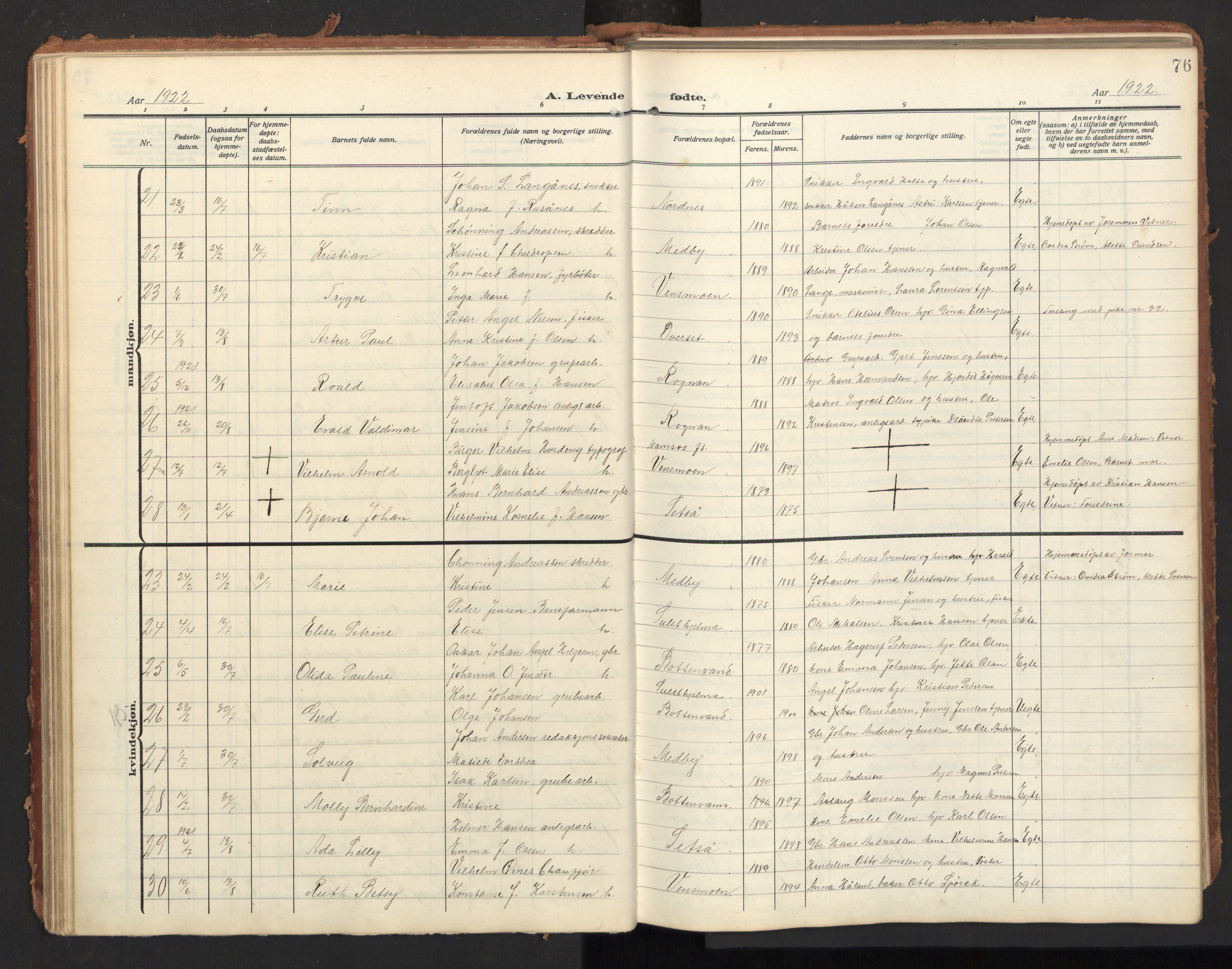 Ministerialprotokoller, klokkerbøker og fødselsregistre - Nordland, SAT/A-1459/847/L0683: Parish register (copy) no. 847C11, 1908-1929, p. 76