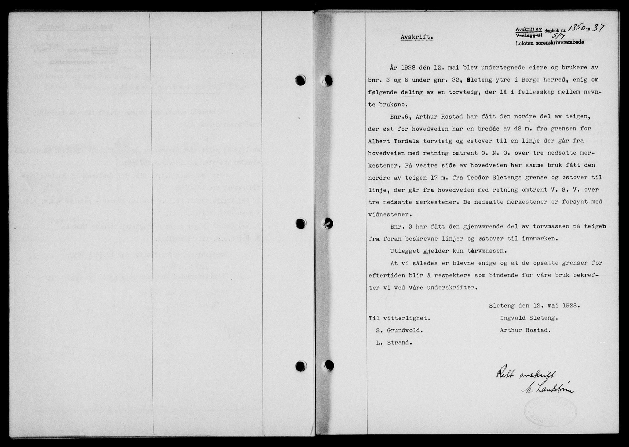 Lofoten sorenskriveri, SAT/A-0017/1/2/2C/L0002a: Mortgage book no. 2a, 1937-1937, Diary no: : 1350/1937