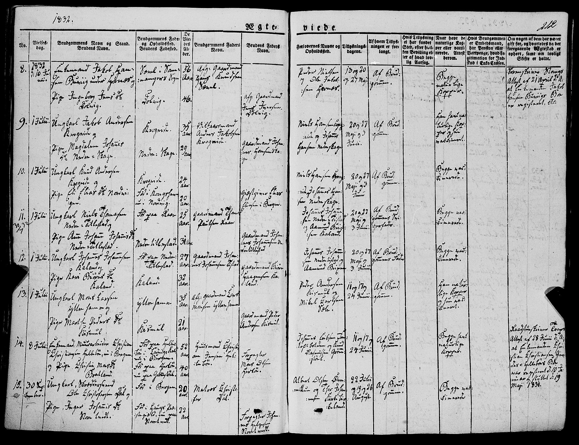 Fana Sokneprestembete, SAB/A-75101/H/Haa/Haaa/L0008: Parish register (official) no. A 8, 1829-1851, p. 212