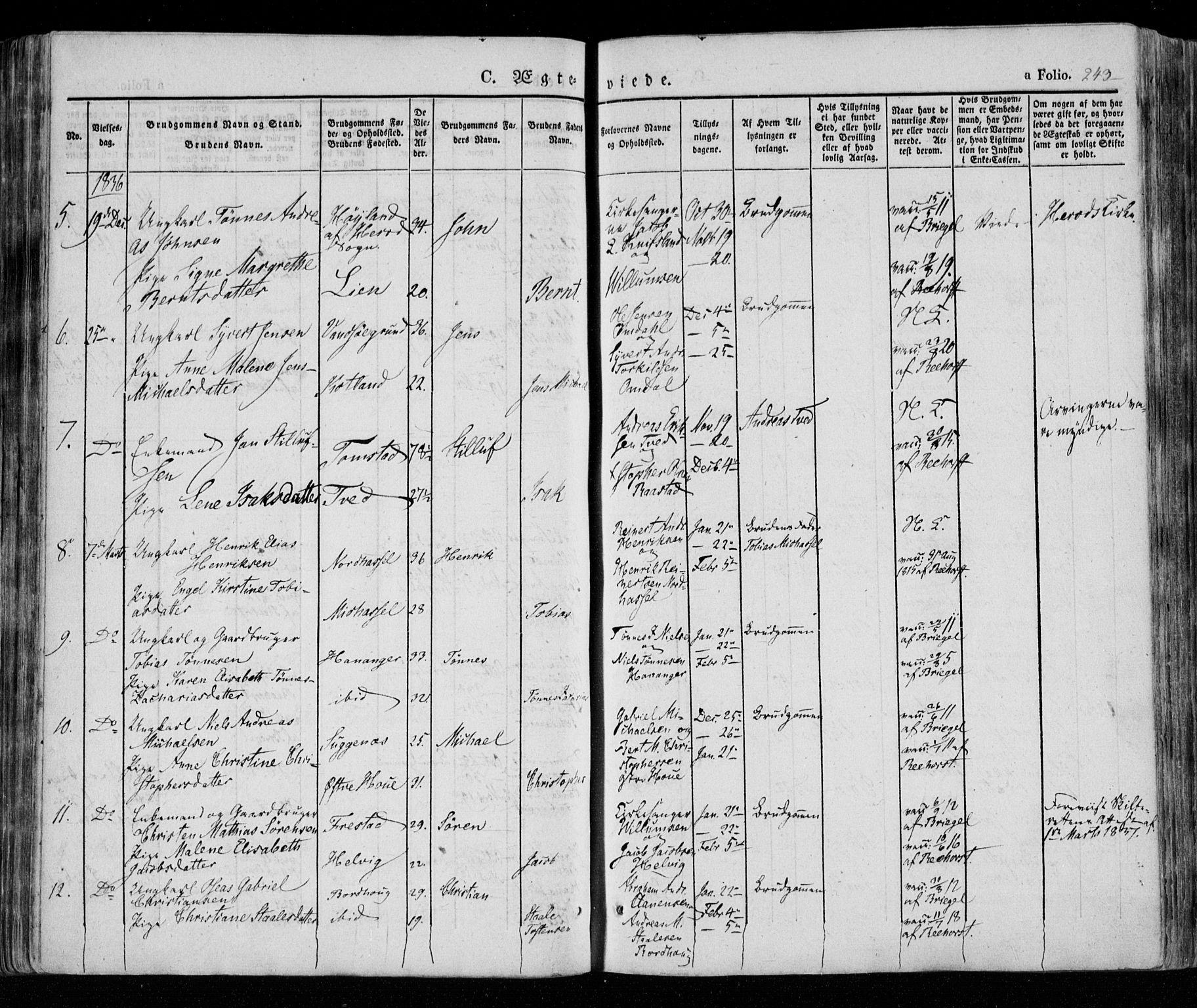 Lista sokneprestkontor, AV/SAK-1111-0027/F/Fa/L0009: Parish register (official) no. A 9, 1835-1846, p. 243