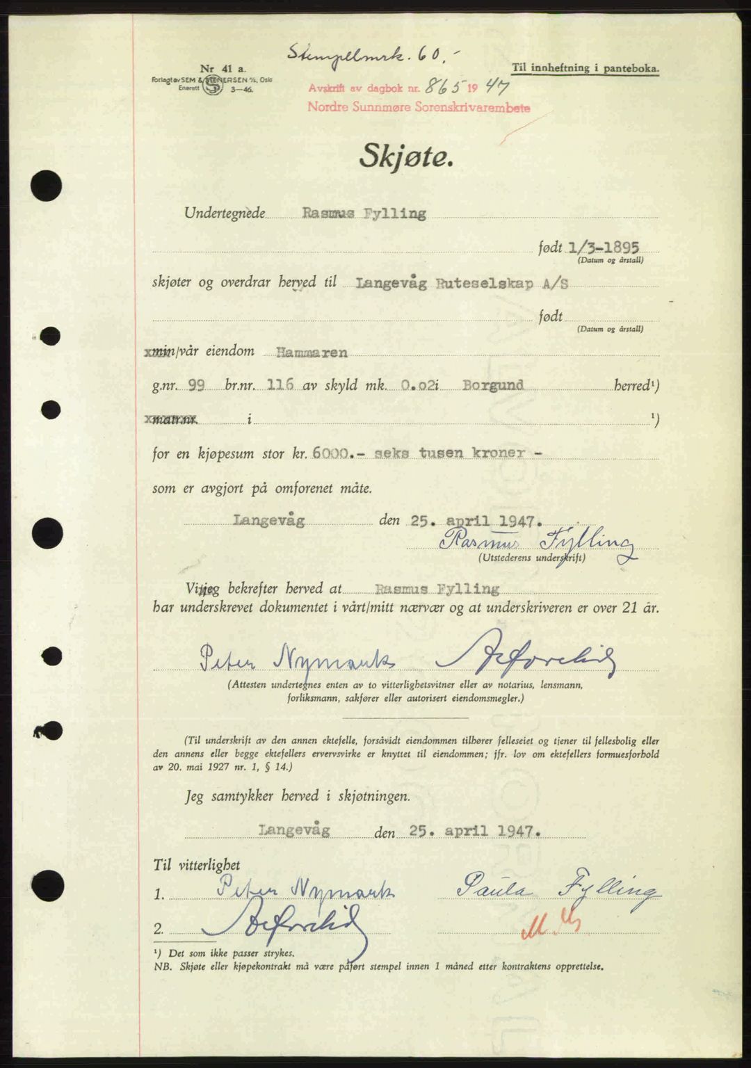 Nordre Sunnmøre sorenskriveri, AV/SAT-A-0006/1/2/2C/2Ca: Mortgage book no. A24, 1947-1947, Diary no: : 865/1947