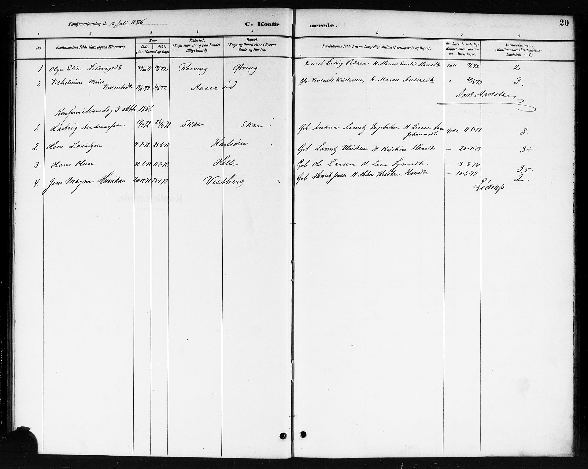 Skjeberg prestekontor Kirkebøker, AV/SAO-A-10923/F/Fb/L0001: Parish register (official) no. II 1, 1886-1894, p. 20