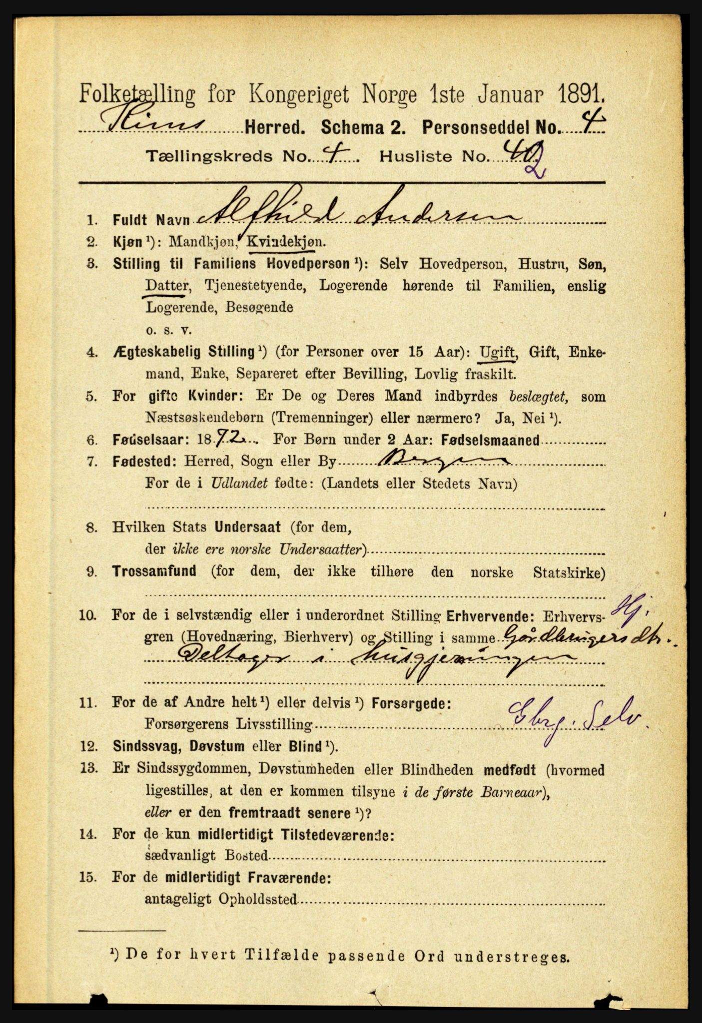 RA, 1891 census for 1437 Kinn, 1891, p. 1574