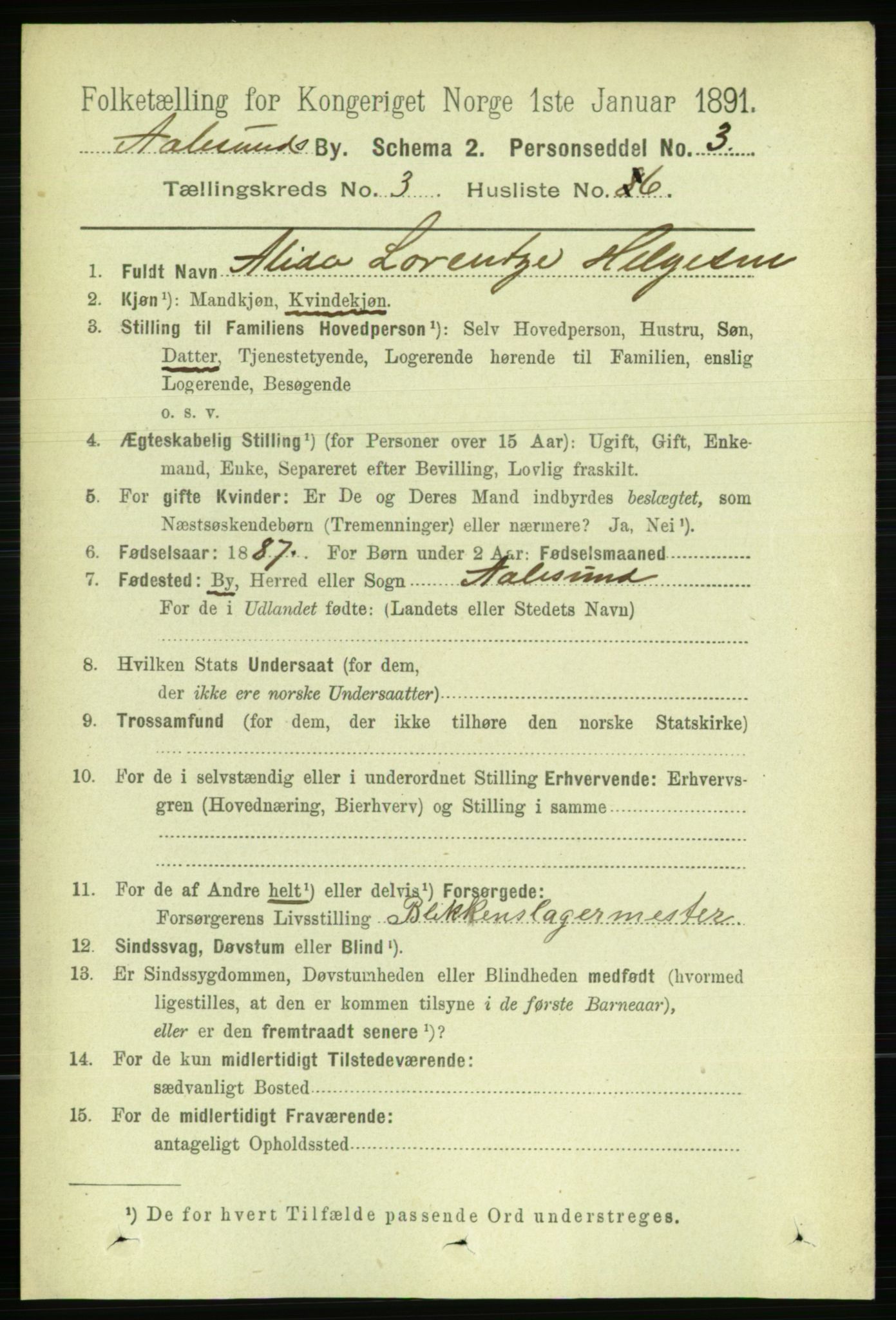 RA, 1891 census for 1501 Ålesund, 1891, p. 2327