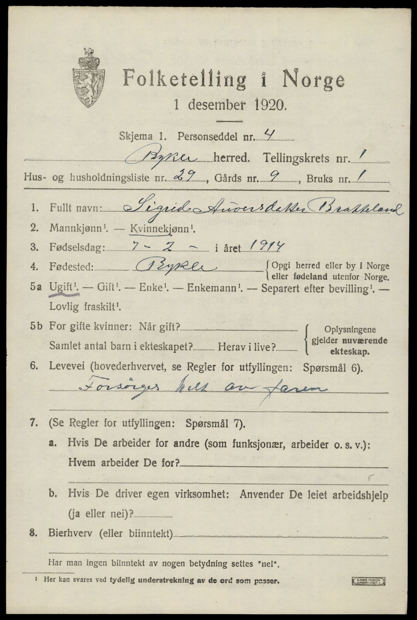SAK, 1920 census for Bykle, 1920, p. 573