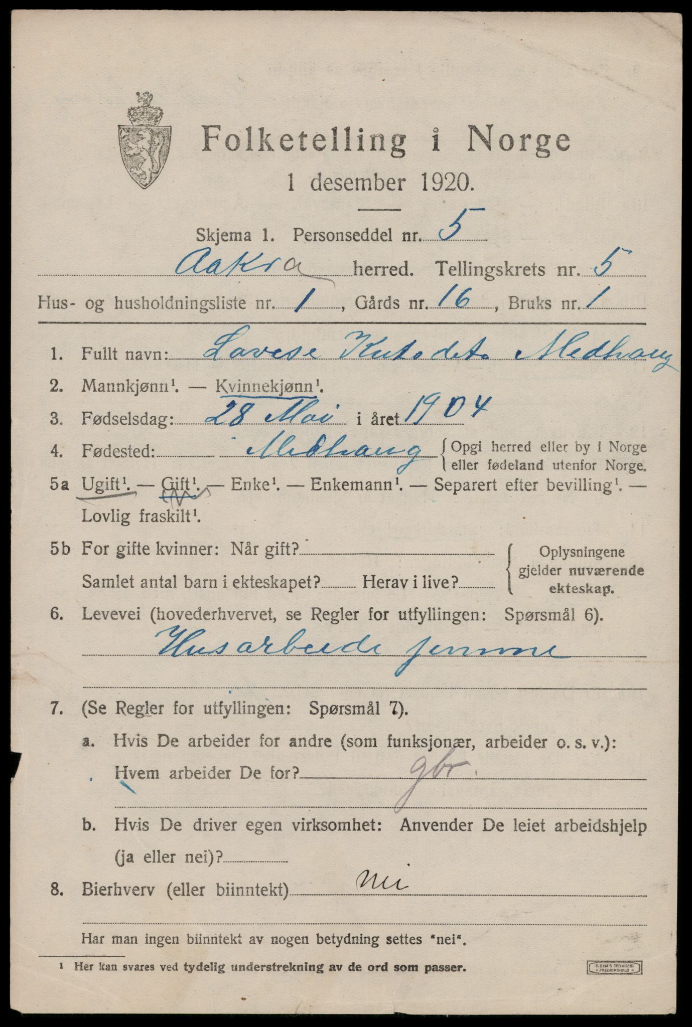 SAST, 1920 census for Åkra, 1920, p. 6828