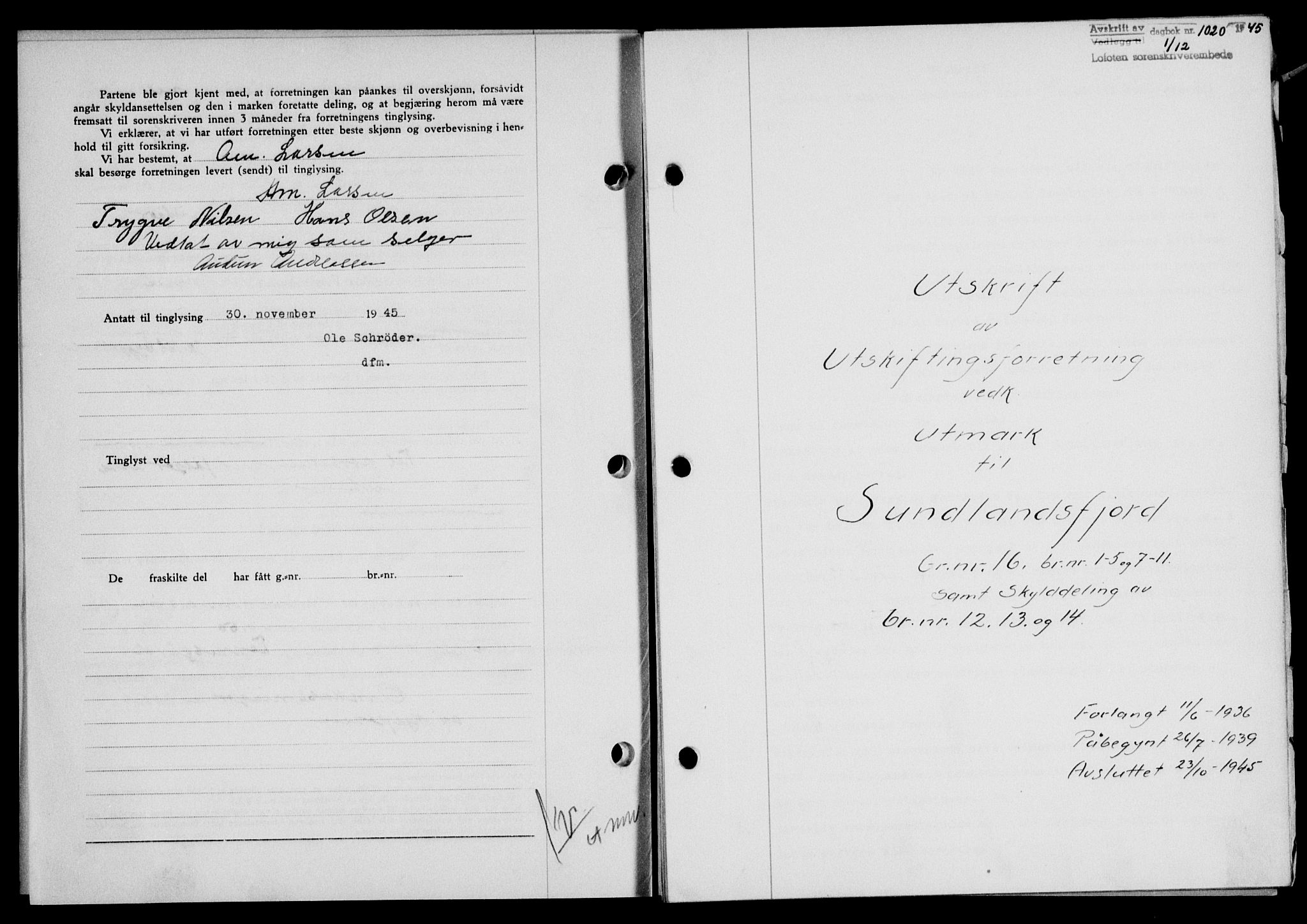 Lofoten sorenskriveri, SAT/A-0017/1/2/2C/L0013a: Mortgage book no. 13a, 1944-1946, Diary no: : 1020/1945