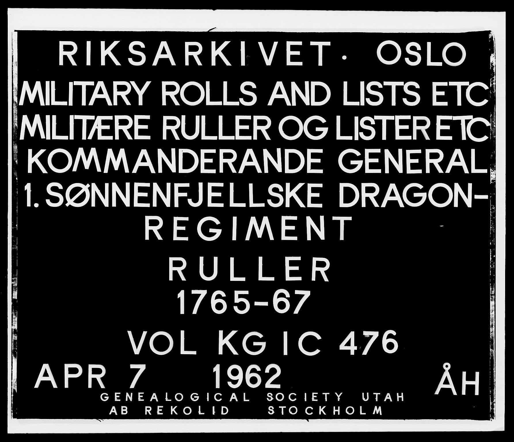 Kommanderende general (KG I) med Det norske krigsdirektorium, RA/EA-5419/E/Ea/L0476: 1. Sønnafjelske dragonregiment, 1765-1767, p. 1