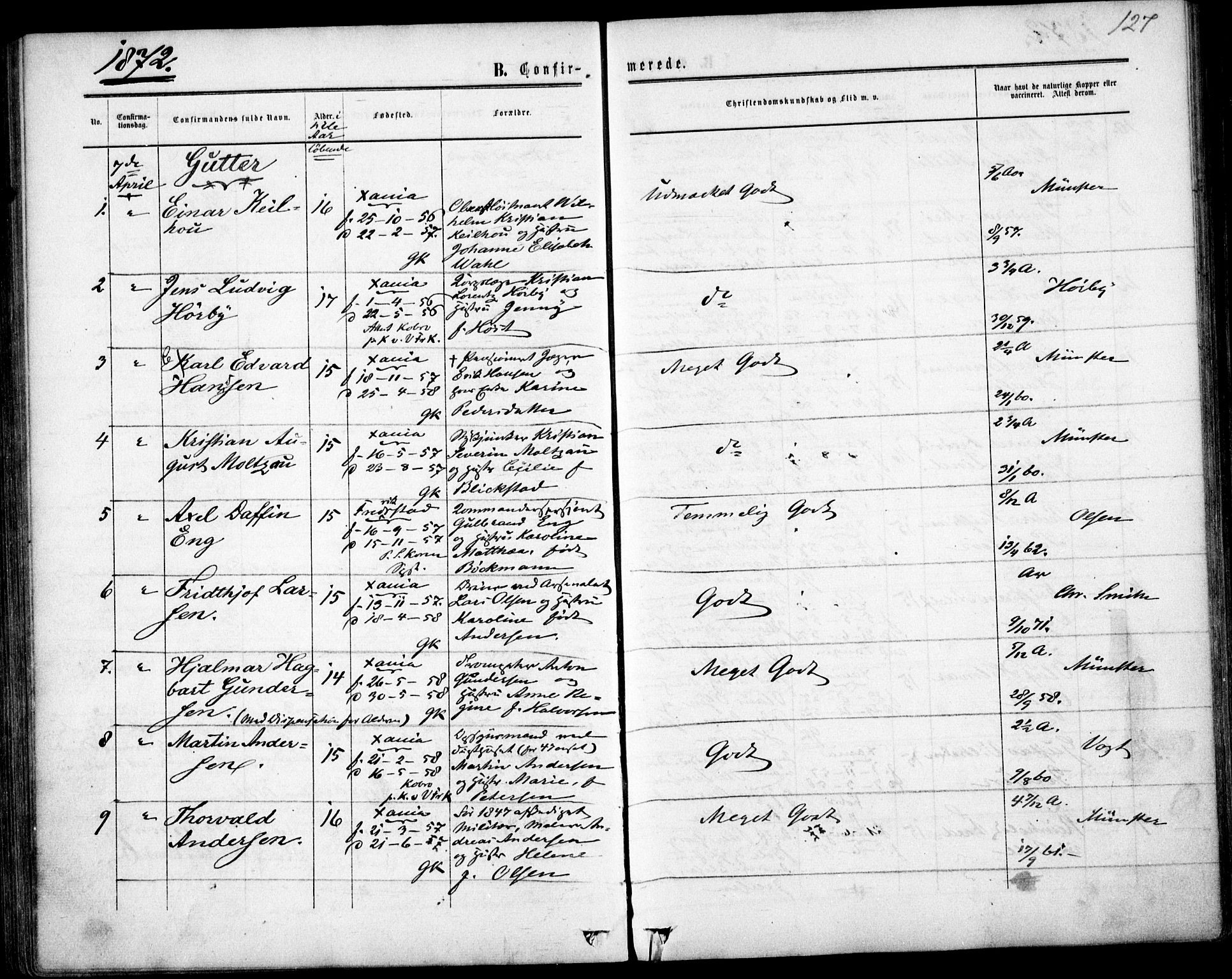 Garnisonsmenigheten Kirkebøker, SAO/A-10846/F/Fa/L0011: Parish register (official) no. 11, 1870-1880, p. 127
