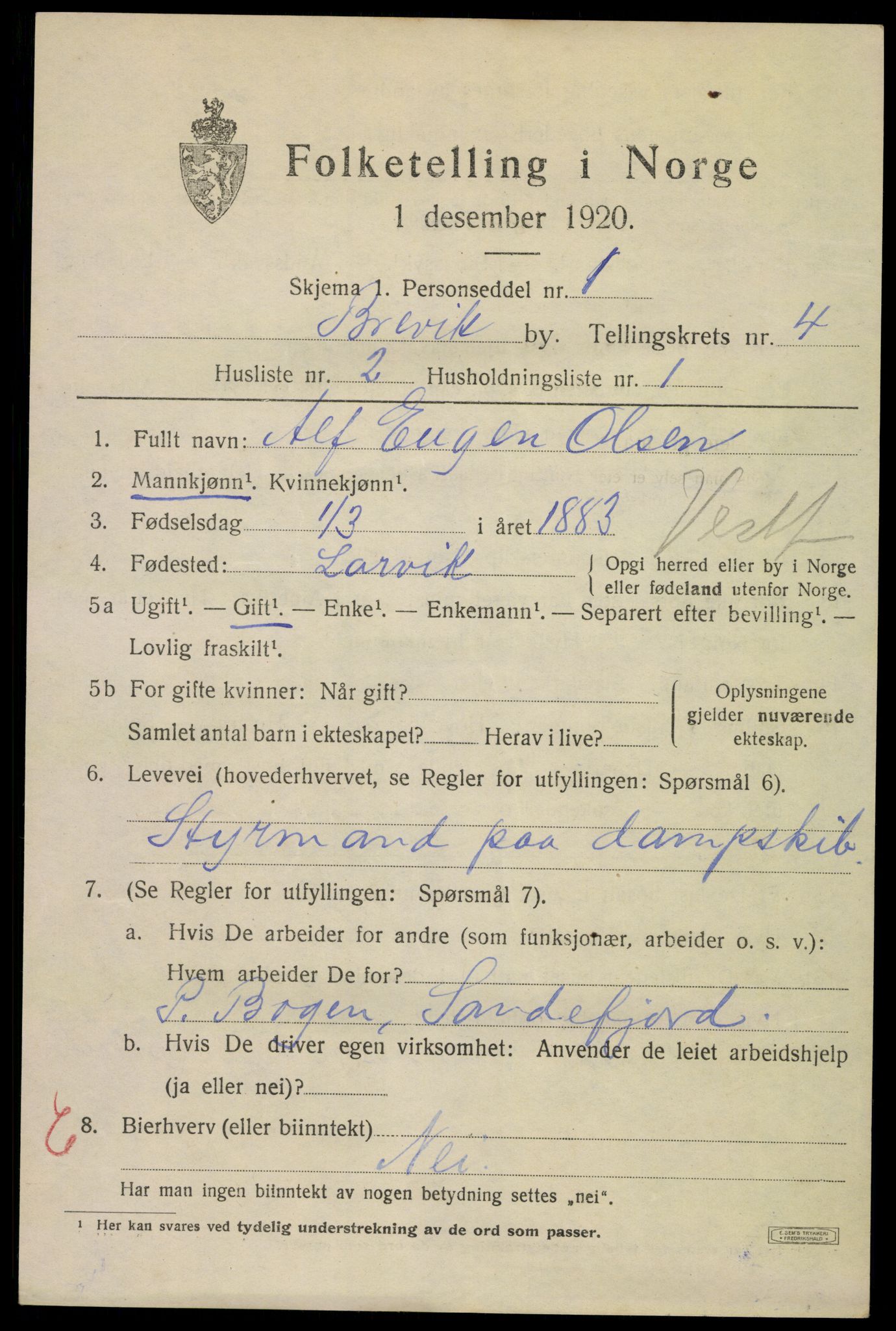 SAKO, 1920 census for Brevik, 1920, p. 6038