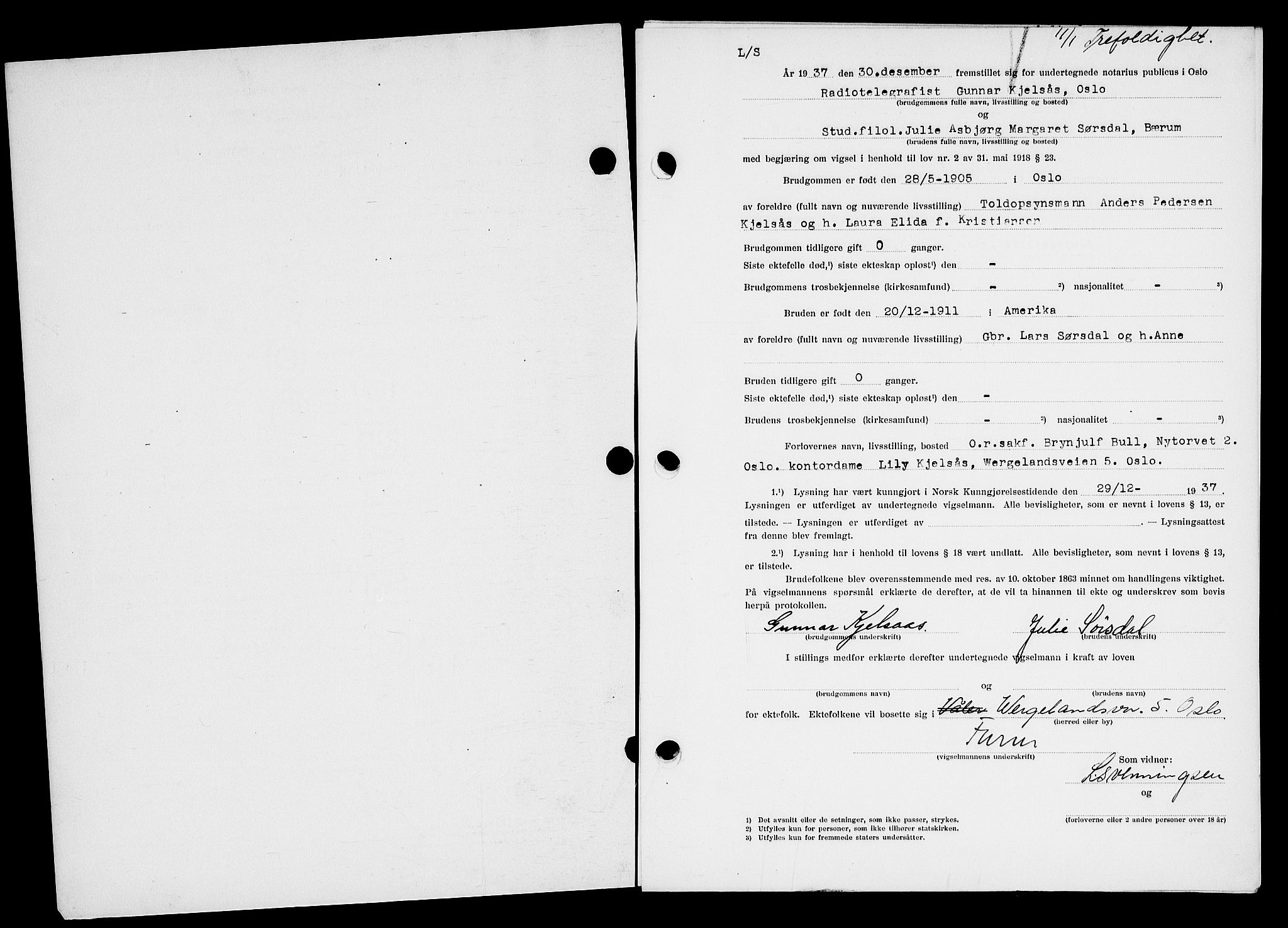 Oslo byfogd avd. I, SAO/A-10220/L/Lb/Lbb/L0029: Notarialprotokoll, rekke II: Vigsler, 1937-1938