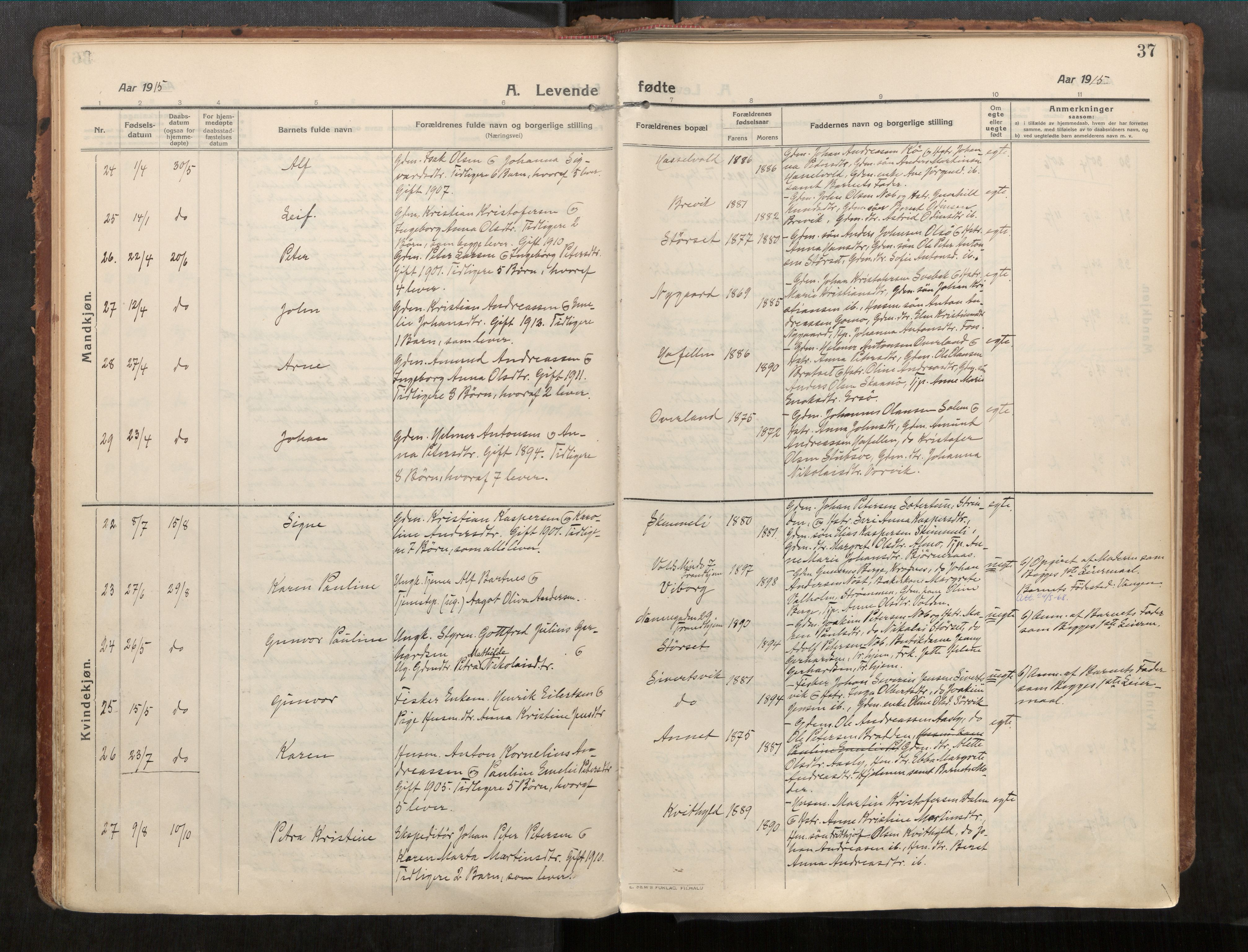 Stadsbygd sokneprestkontor, AV/SAT-A-1117/1/I/I1/I1a/L0001: Parish register (official) no. 1, 1911-1929, p. 37