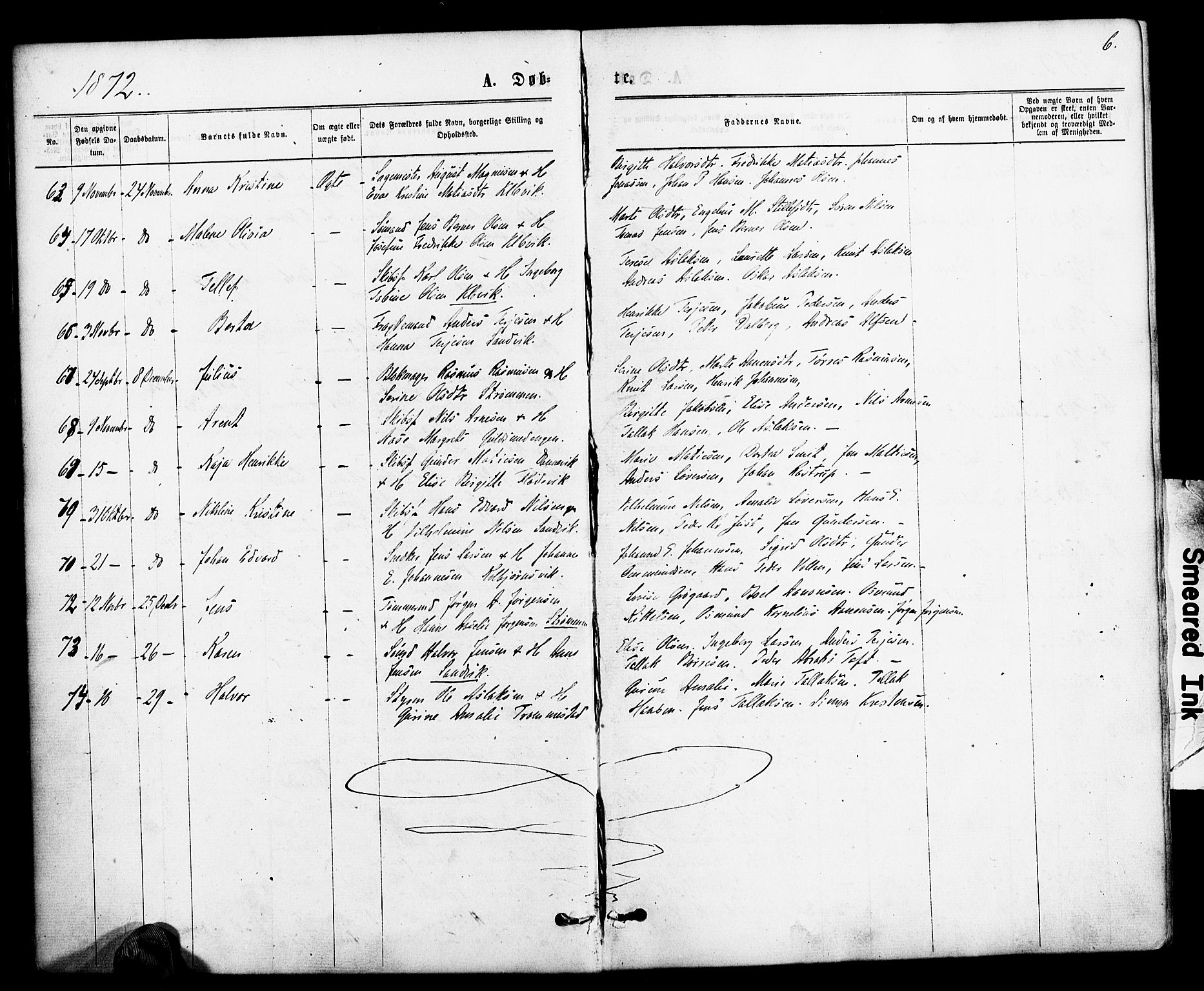 Hisøy sokneprestkontor, SAK/1111-0020/F/Fa/L0002: Parish register (official) no. A 2, 1872-1880, p. 6