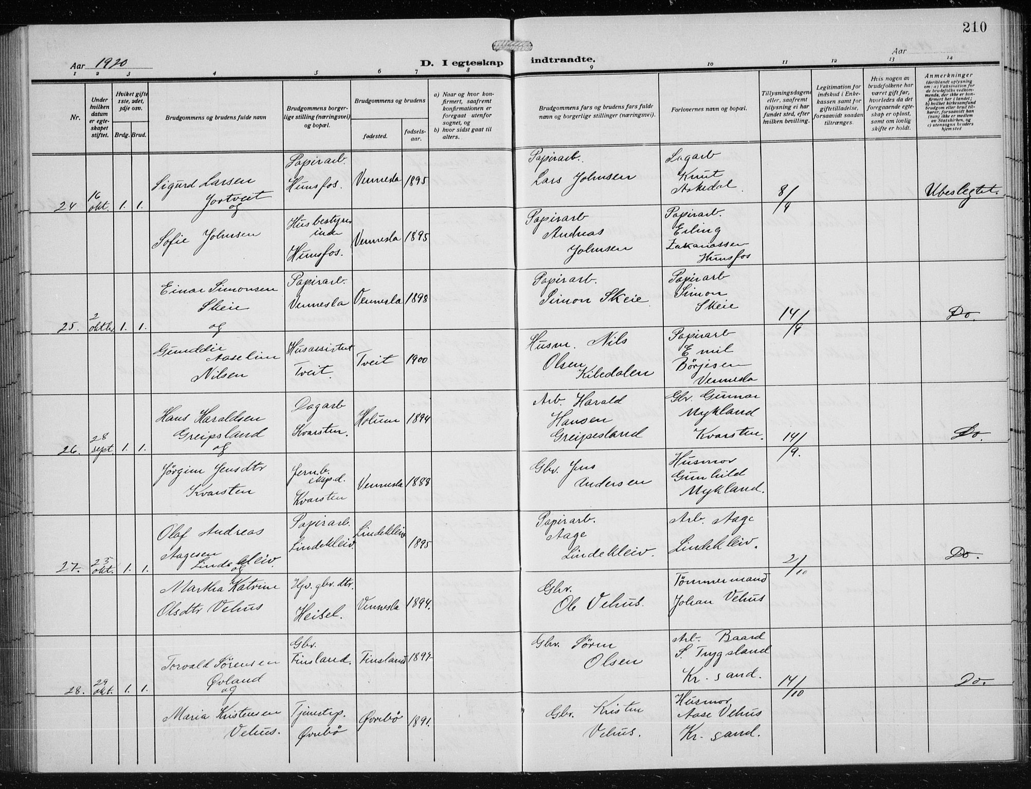 Vennesla sokneprestkontor, SAK/1111-0045/Fb/Fbb/L0006: Parish register (copy) no. B 6, 1914-1921, p. 210