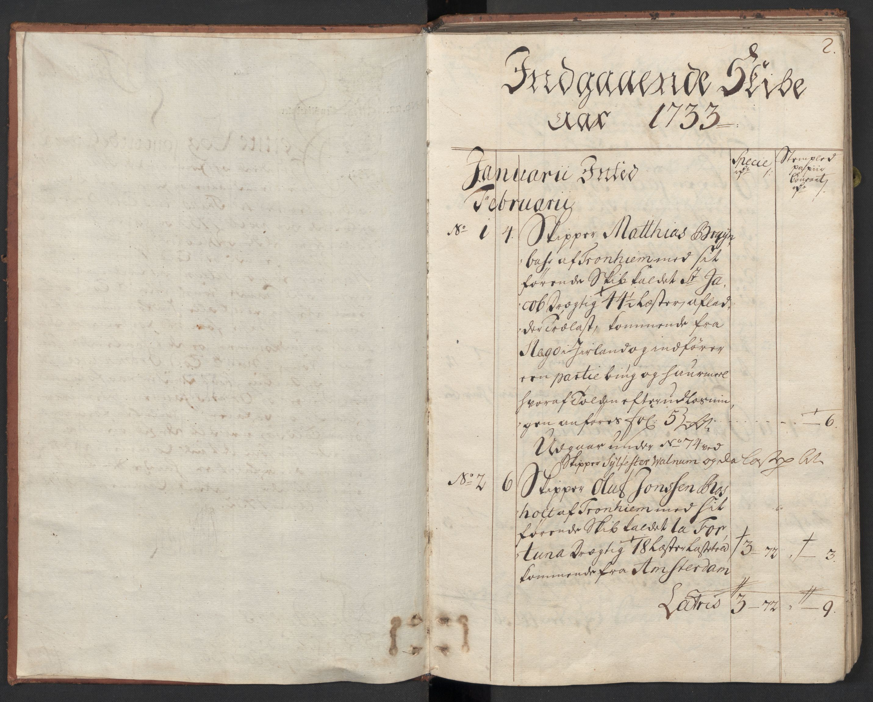 Generaltollkammeret, tollregnskaper, RA/EA-5490/R33/L0015/0001: Tollregnskaper Trondheim A / Inngående tollbok, 1733, p. 1b-2a