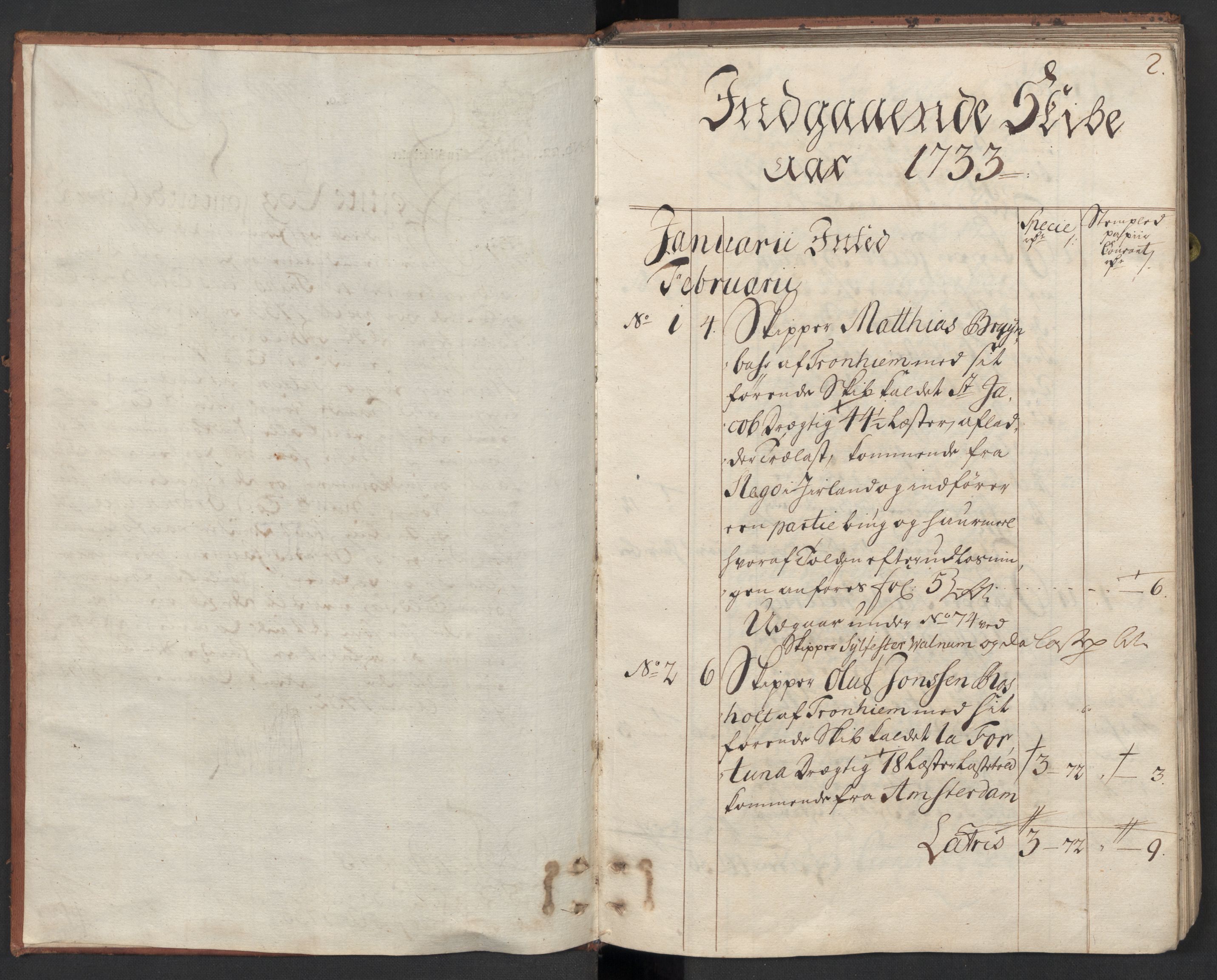 Generaltollkammeret, tollregnskaper, AV/RA-EA-5490/R33/L0015/0001: Tollregnskaper Trondheim A / Inngående tollbok, 1733, p. 1b-2a