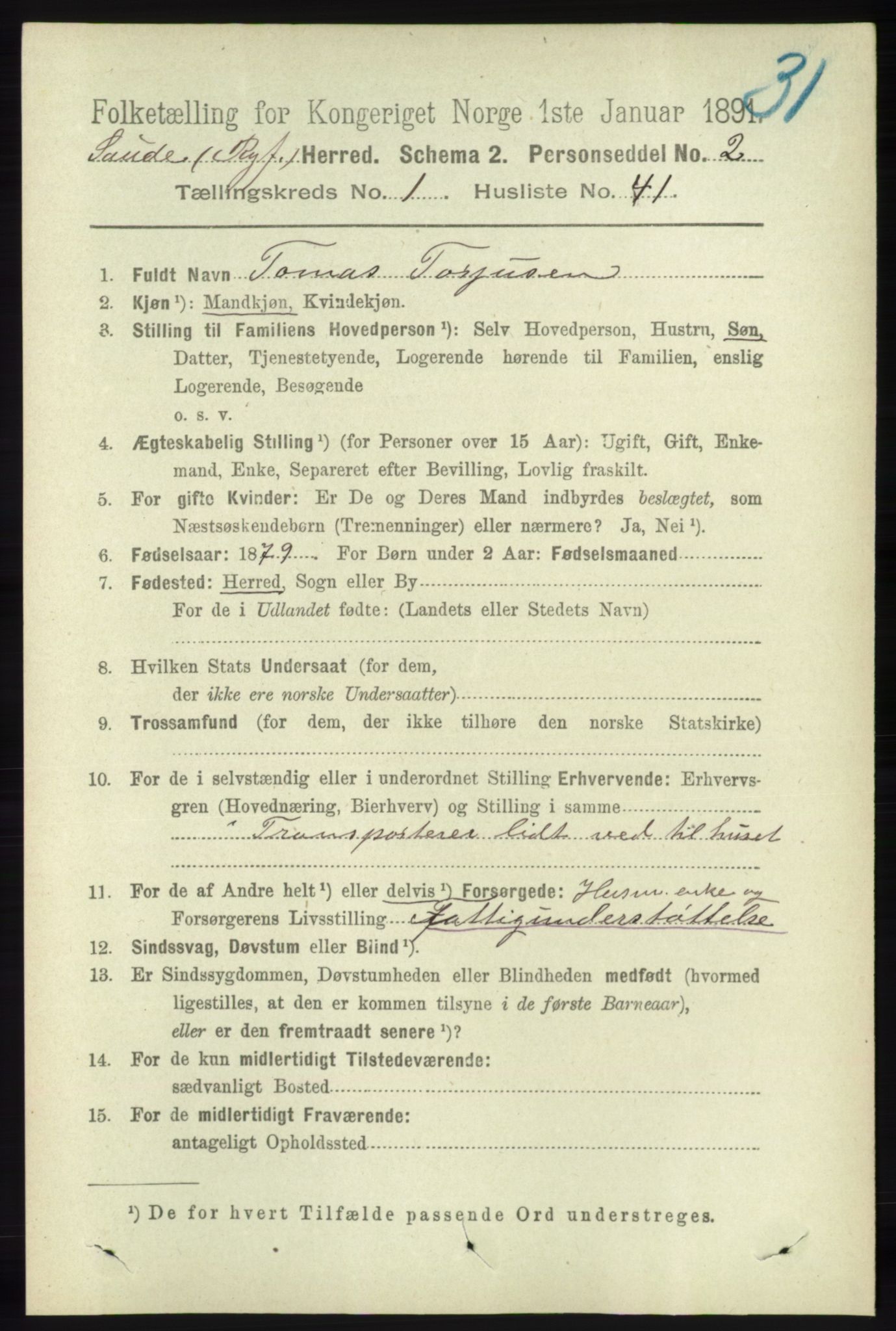 RA, 1891 census for 1135 Sauda, 1891, p. 311