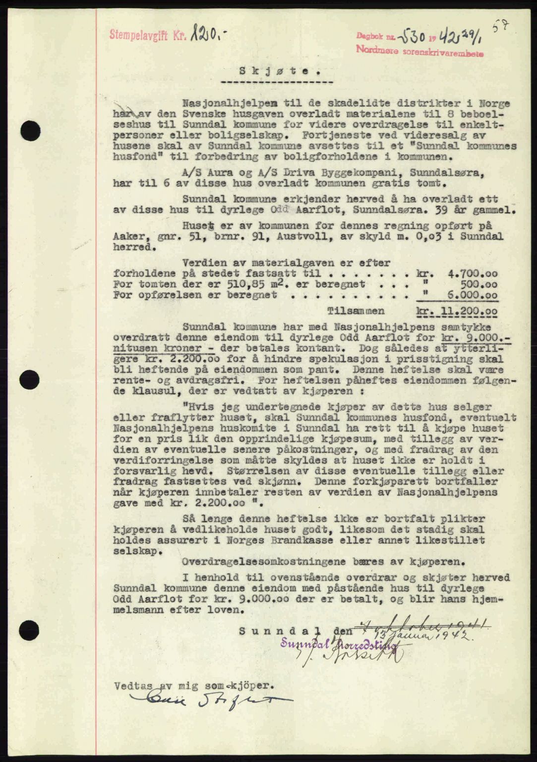 Nordmøre sorenskriveri, AV/SAT-A-4132/1/2/2Ca: Mortgage book no. A92, 1942-1942, Diary no: : 530/1942