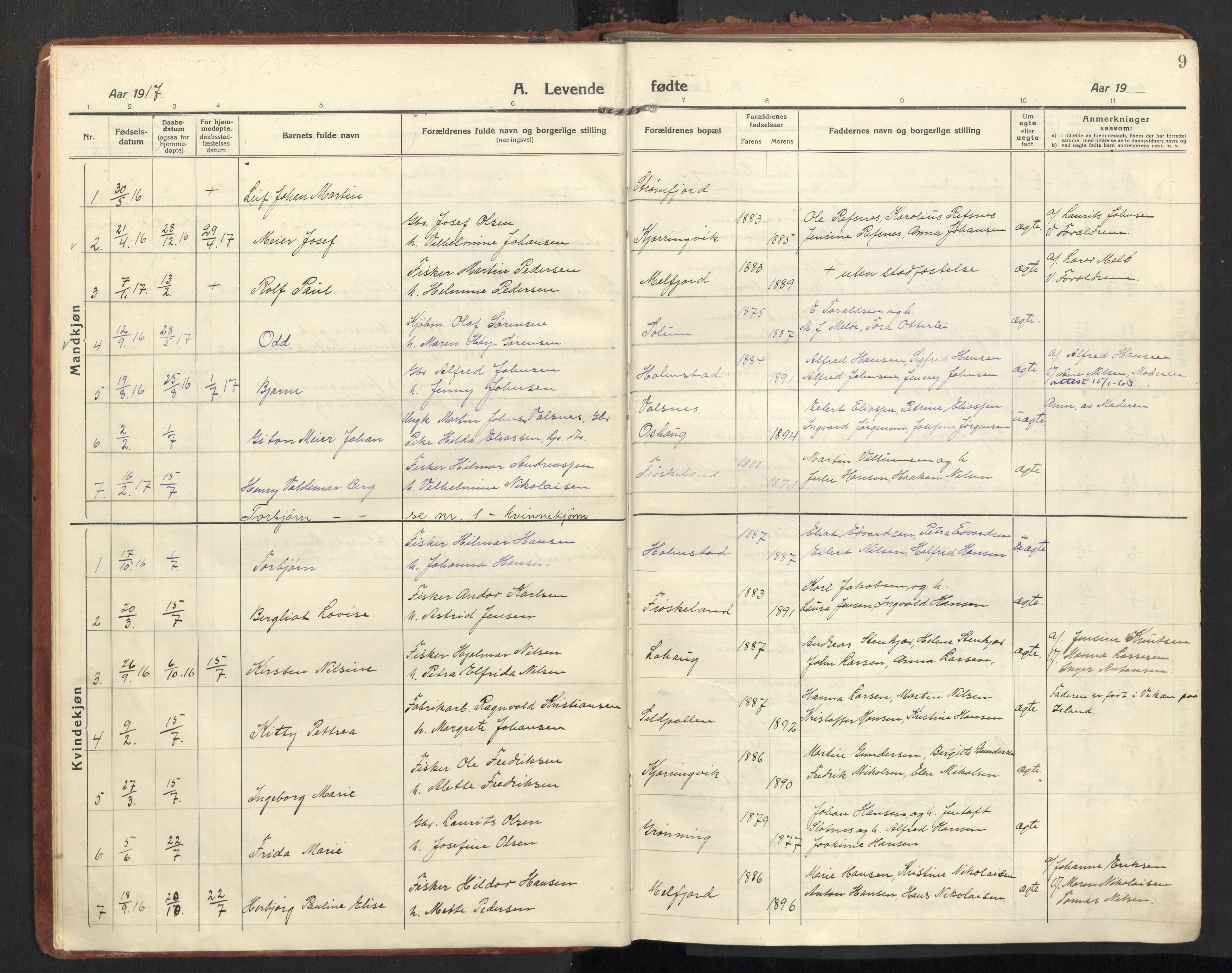 Ministerialprotokoller, klokkerbøker og fødselsregistre - Nordland, SAT/A-1459/890/L1288: Parish register (official) no. 890A03, 1915-1925, p. 9
