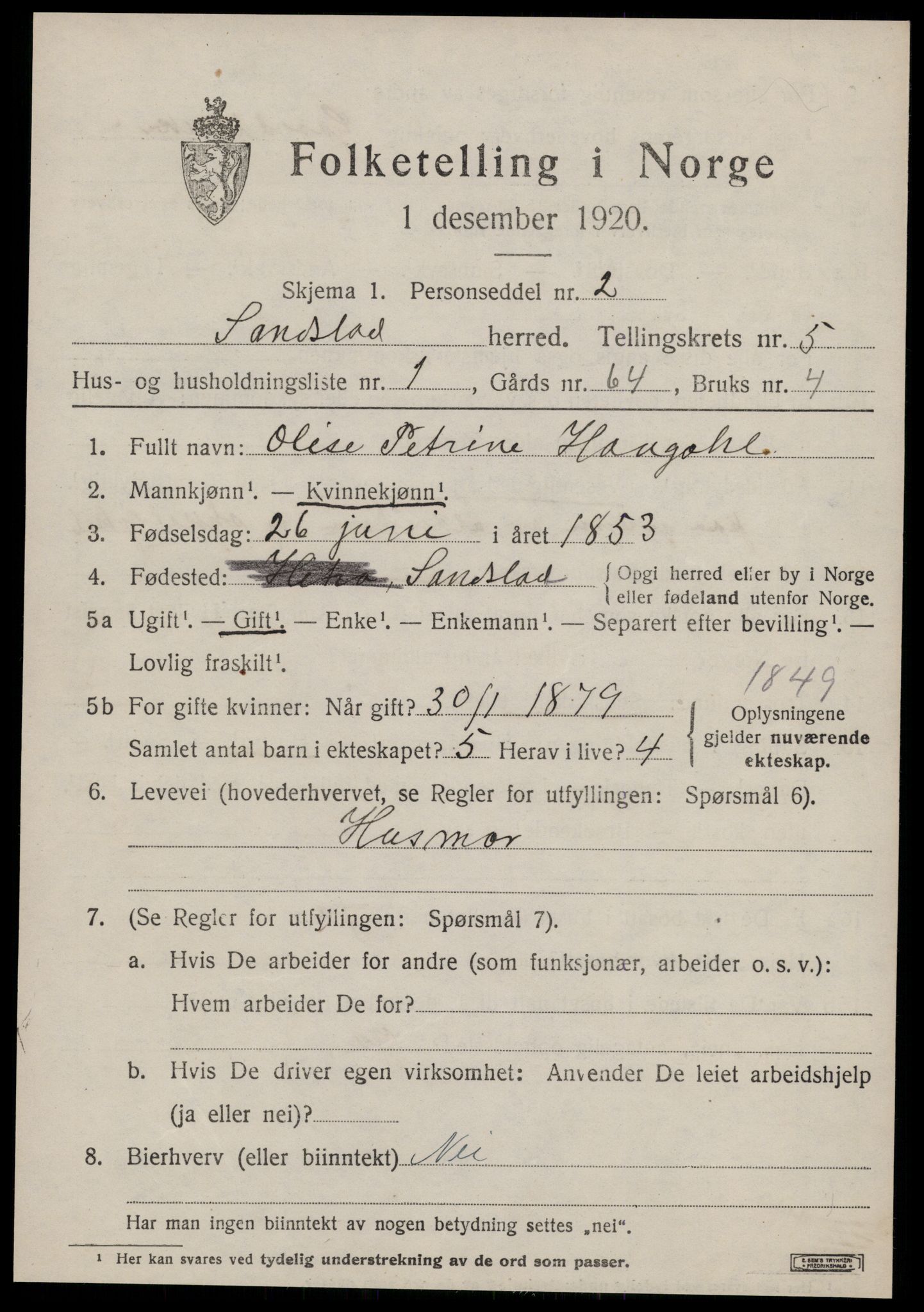SAT, 1920 census for Sandstad, 1920, p. 2087