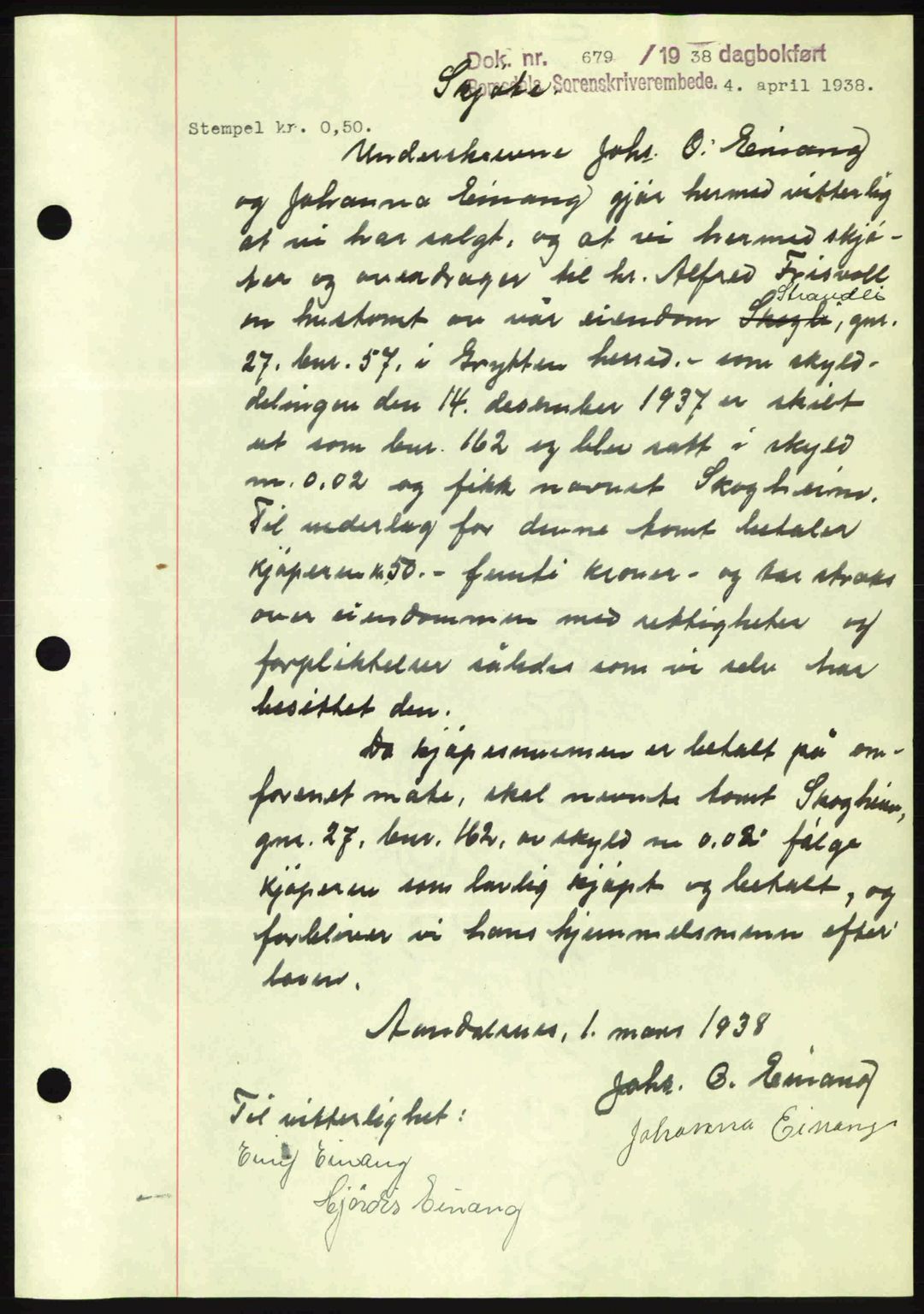 Romsdal sorenskriveri, AV/SAT-A-4149/1/2/2C: Mortgage book no. A4, 1937-1938, Diary no: : 679/1938