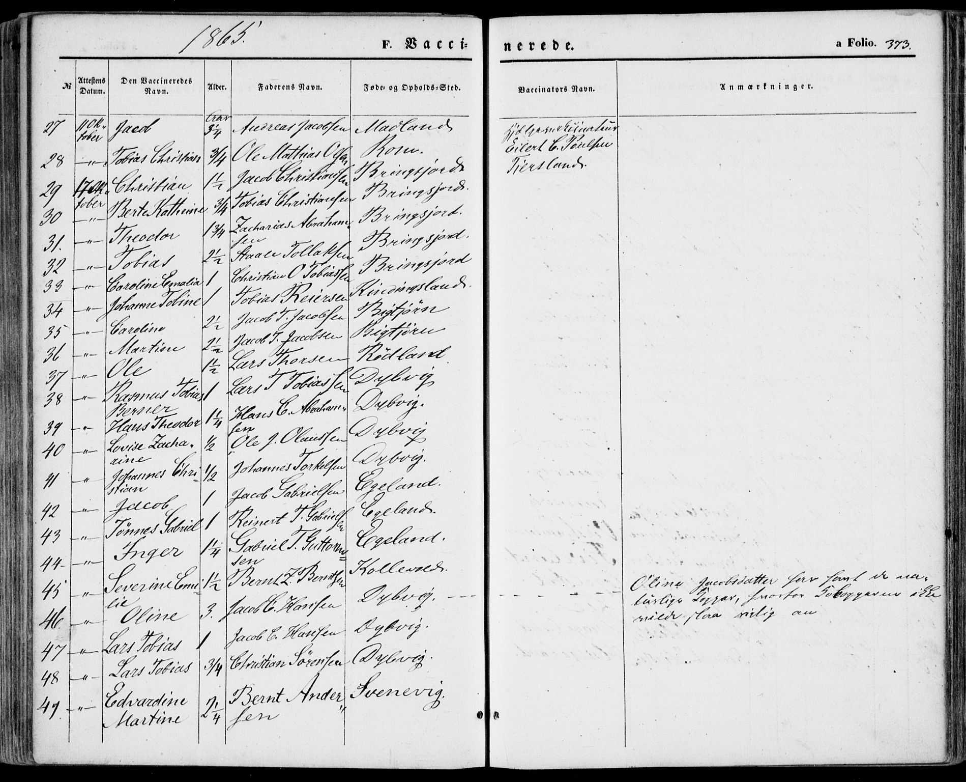 Lyngdal sokneprestkontor, AV/SAK-1111-0029/F/Fa/Fac/L0010: Parish register (official) no. A 10, 1865-1878, p. 373