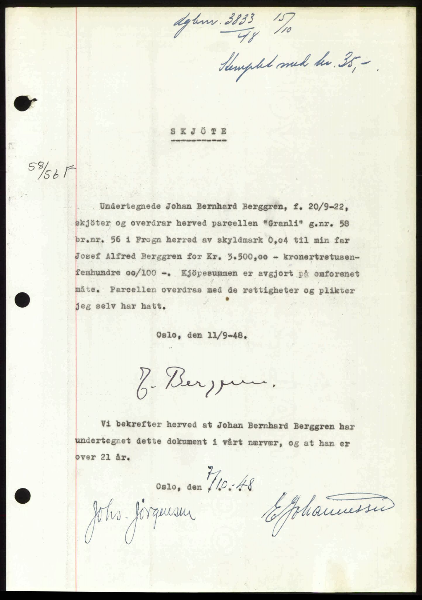 Follo sorenskriveri, SAO/A-10274/G/Ga/Gaa/L0085: Mortgage book no. I 85, 1948-1948, Diary no: : 3833/1948