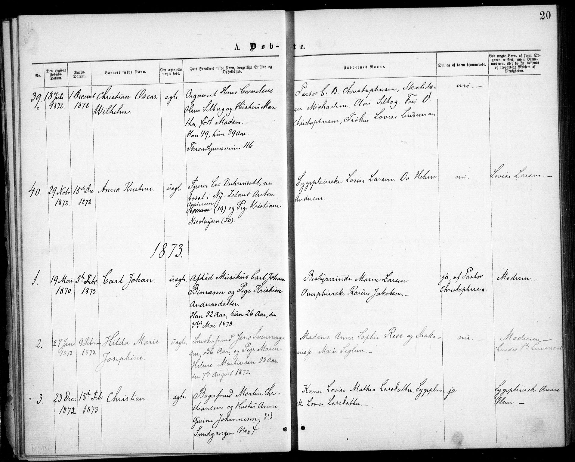 Krohgstøtten sykehusprest Kirkebøker, SAO/A-10854/F/Fa/L0001: Parish register (official) no. 1, 1865-1873, p. 20
