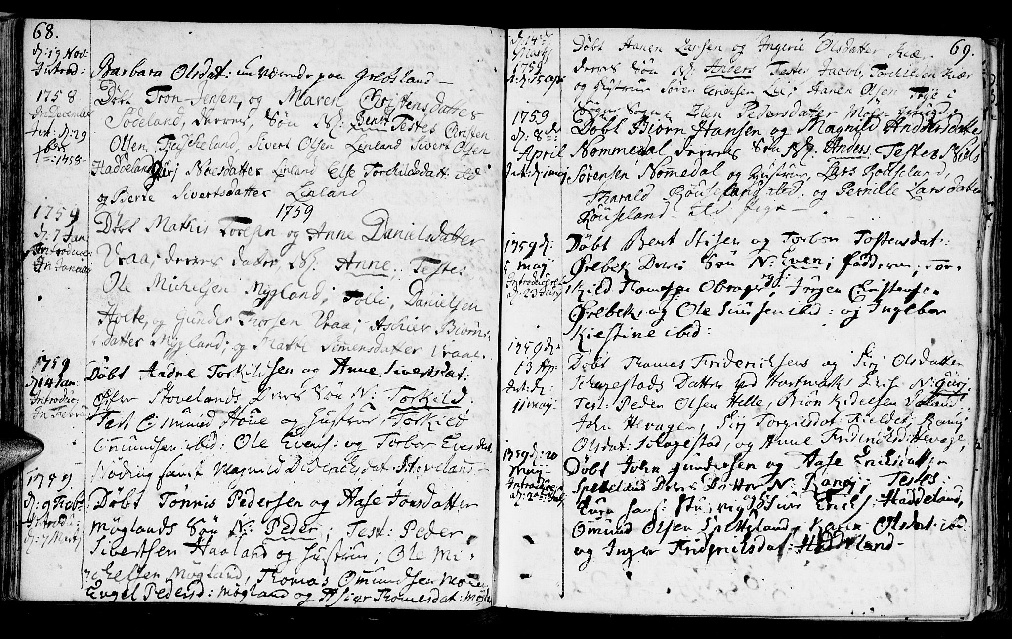 Holum sokneprestkontor, AV/SAK-1111-0022/F/Fa/Faa/L0002: Parish register (official) no. A 2, 1756-1780, p. 68-69