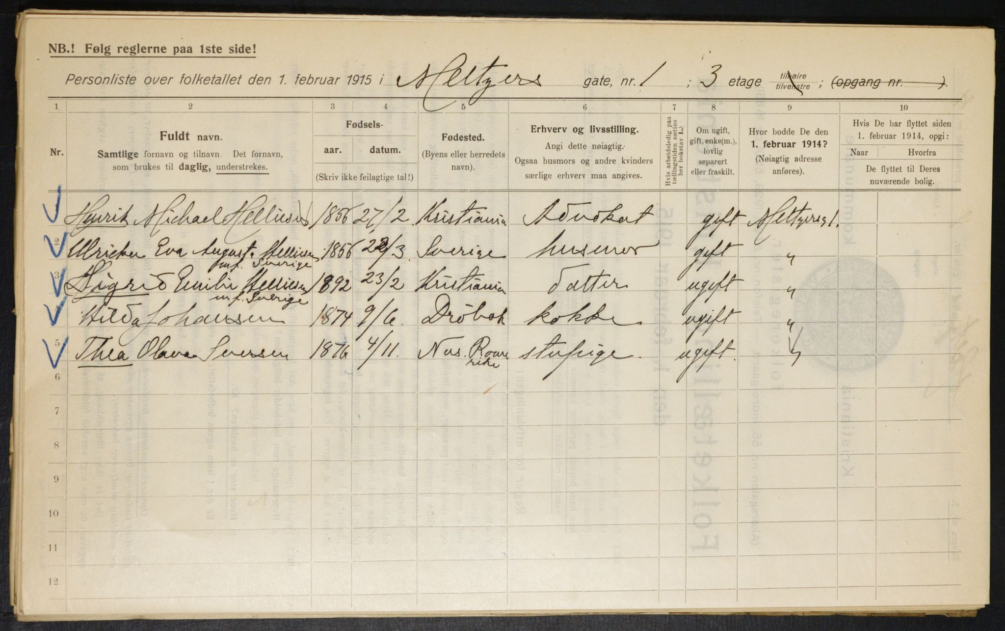 OBA, Municipal Census 1915 for Kristiania, 1915, p. 64560