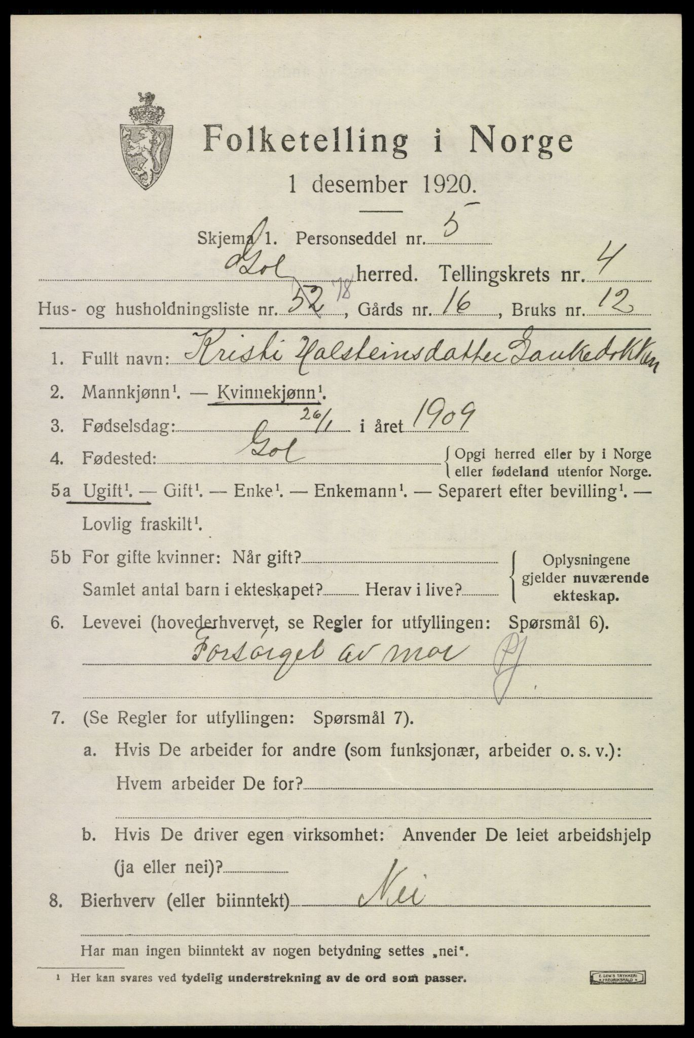 SAKO, 1920 census for Gol, 1920, p. 3526