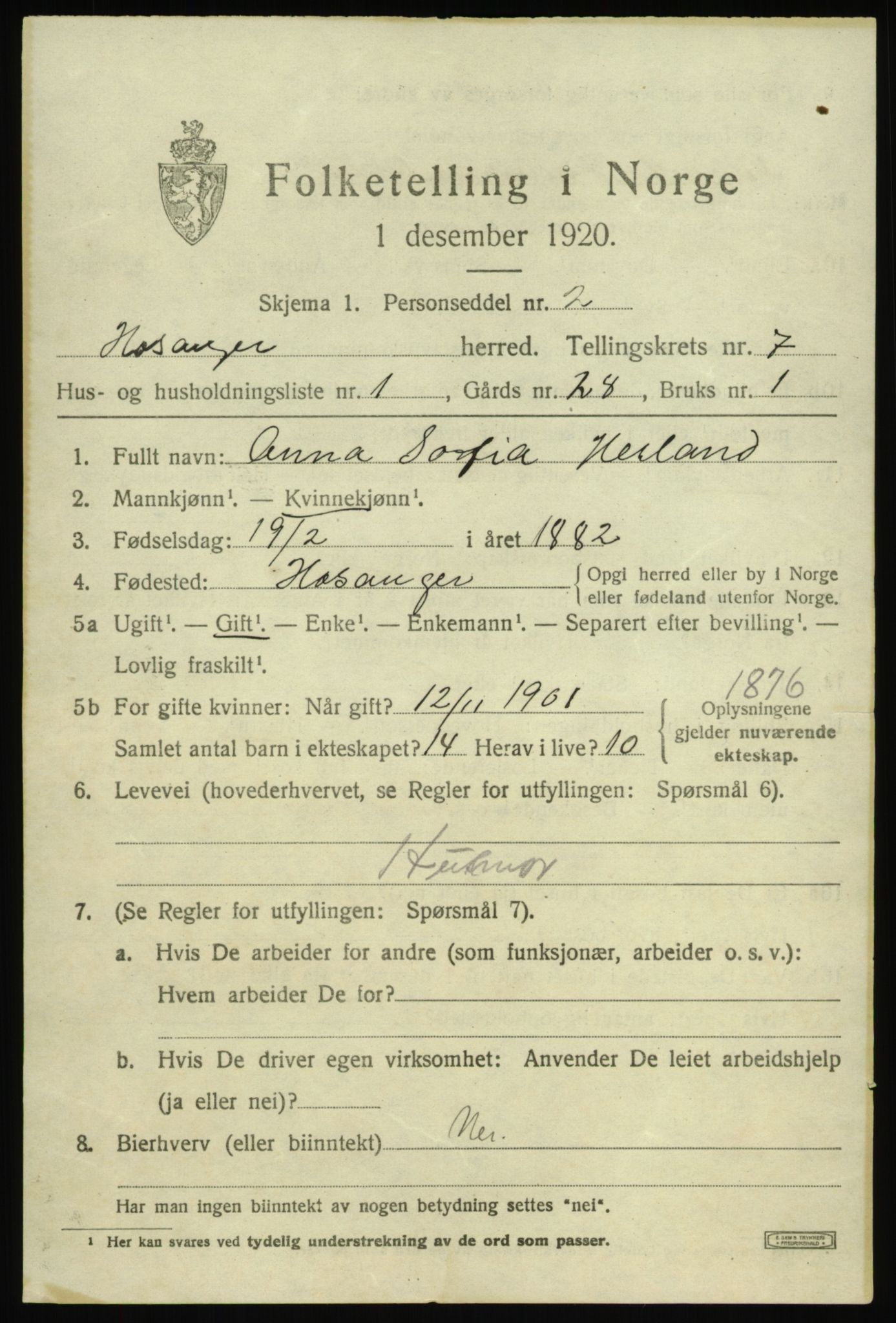 SAB, 1920 census for Hosanger, 1920, p. 3067