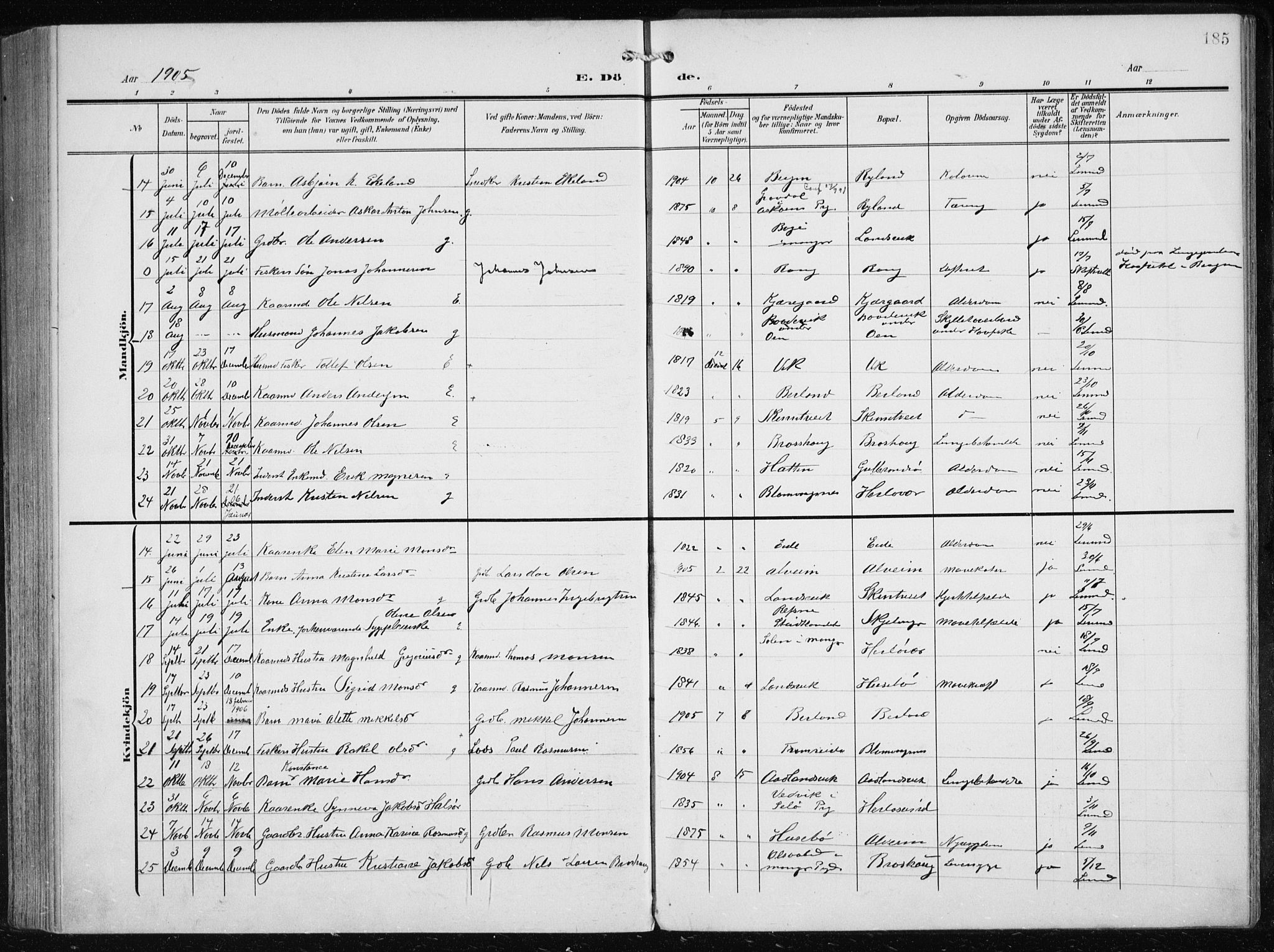 Herdla Sokneprestembete, SAB/A-75701/H/Haa: Parish register (official) no. A 5, 1905-1918, p. 185