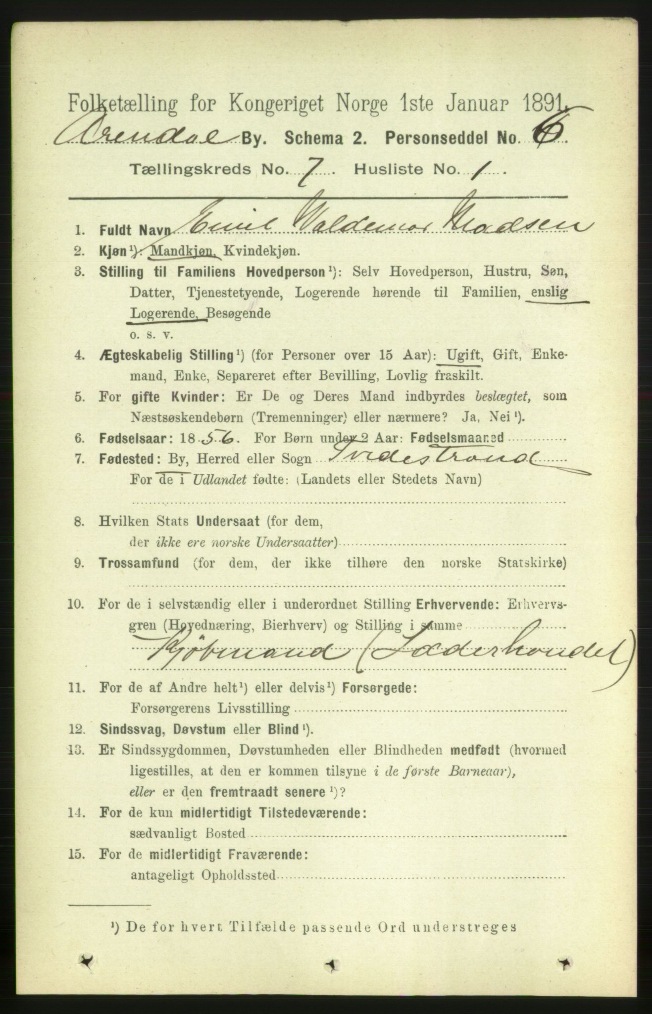 RA, 1891 census for 0903 Arendal, 1891, p. 2533