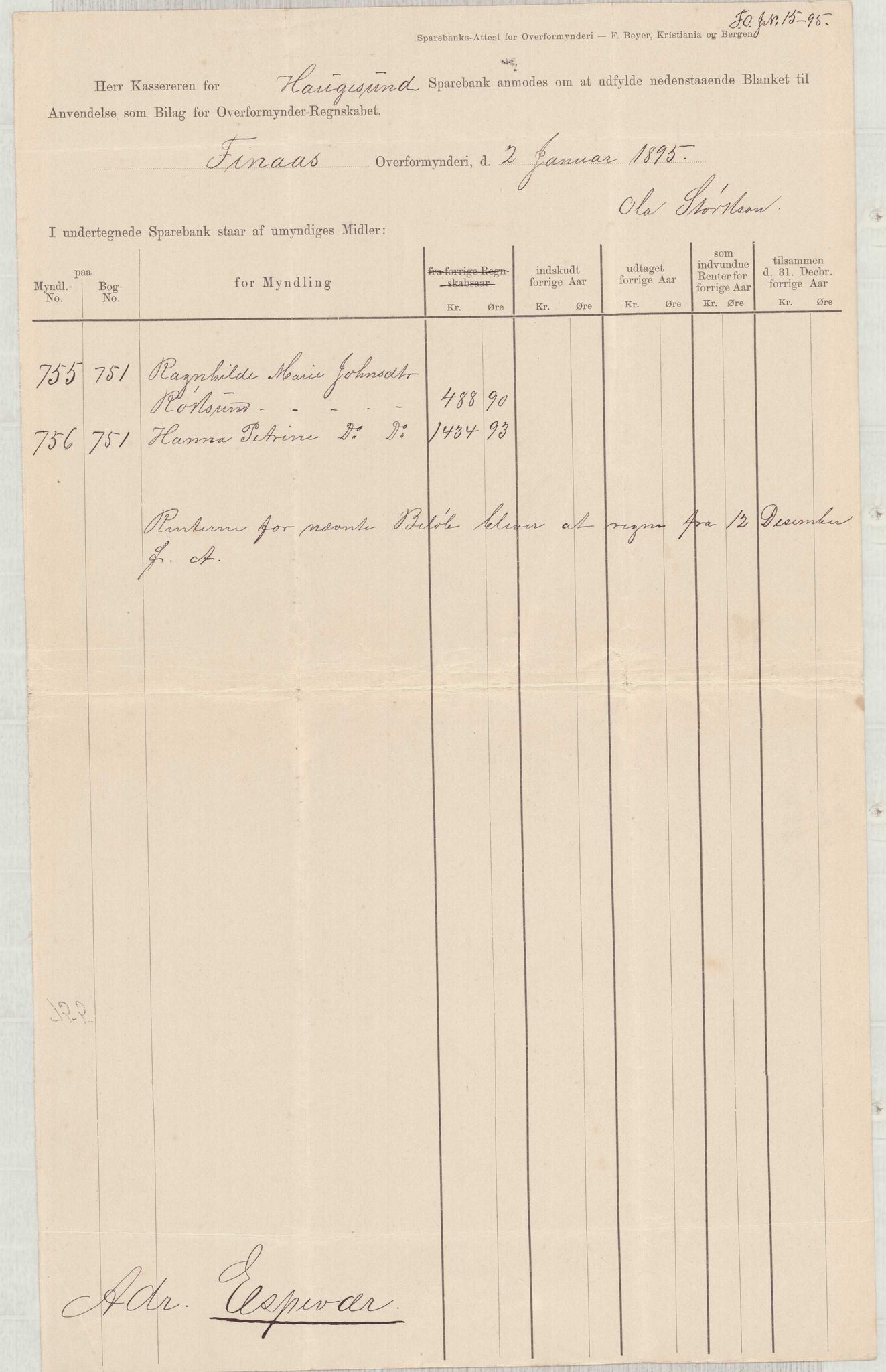 Finnaas kommune. Overformynderiet, IKAH/1218a-812/D/Da/Daa/L0001/0005: Kronologisk ordna korrespondanse / Kronologisk ordna korrespondanse, 1893-1895, p. 69