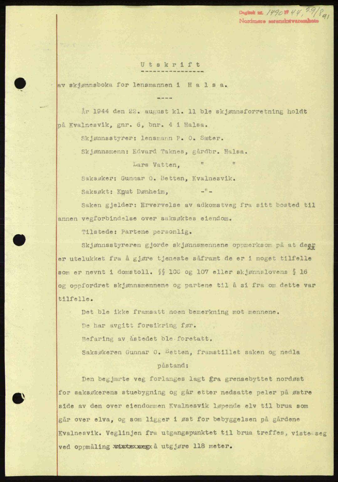 Nordmøre sorenskriveri, AV/SAT-A-4132/1/2/2Ca: Mortgage book no. B92, 1944-1945, Diary no: : 1490/1944