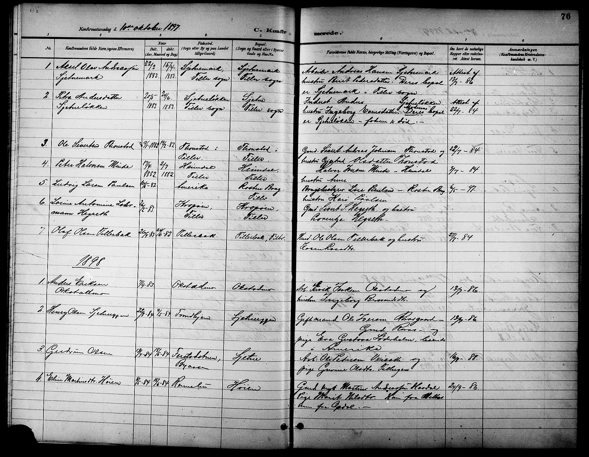 Ministerialprotokoller, klokkerbøker og fødselsregistre - Sør-Trøndelag, AV/SAT-A-1456/621/L0460: Parish register (copy) no. 621C03, 1896-1914, p. 76