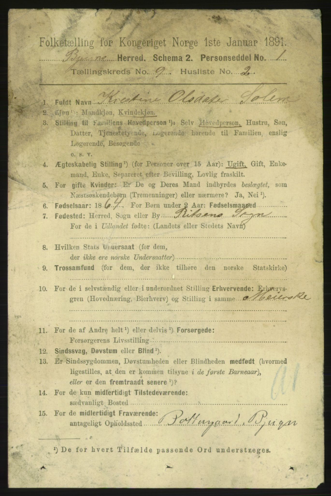 RA, 1891 census for 1627 Bjugn, 1891, p. 2391