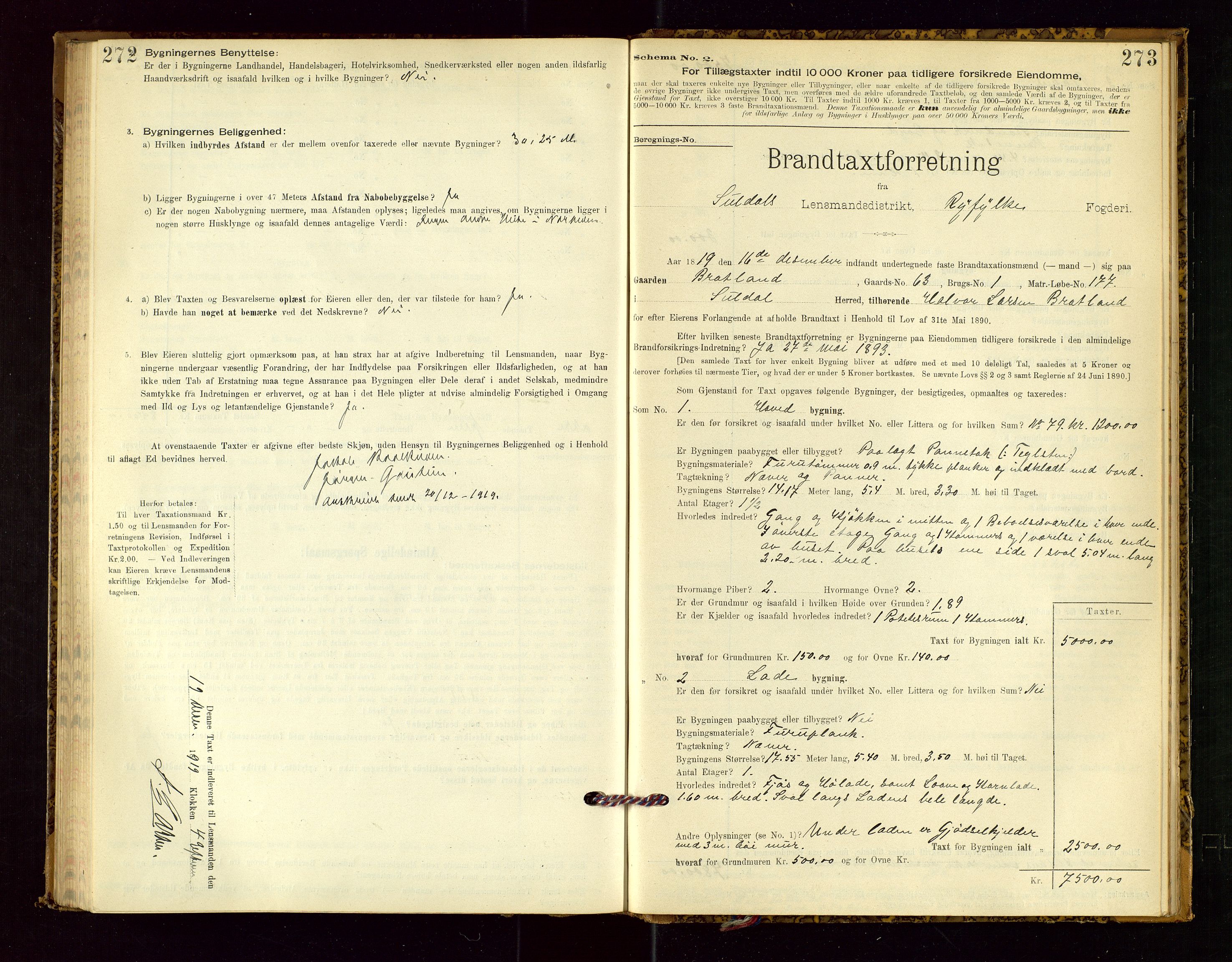 Suldal lensmannskontor, SAST/A-100419/Gob/L0001: "Brandtaxationsprotokol", 1894-1923, p. 272-273