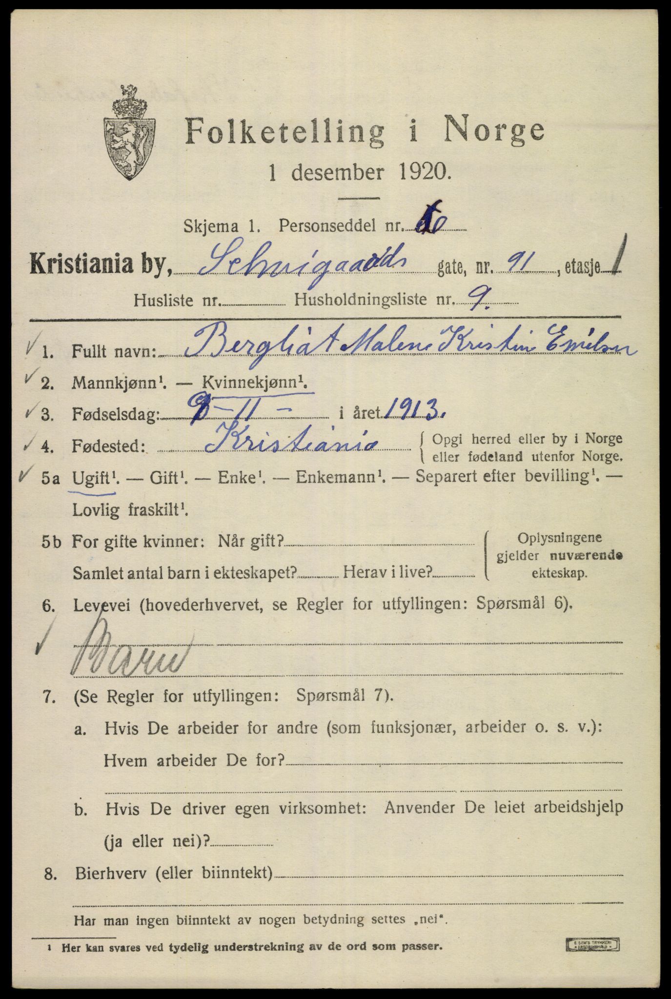 SAO, 1920 census for Kristiania, 1920, p. 498825