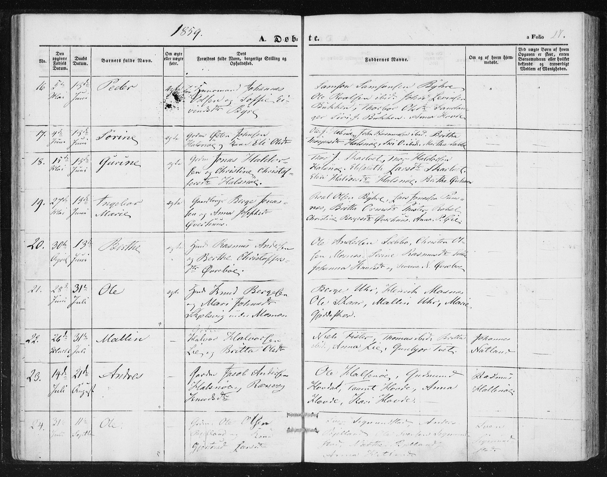 Hjelmeland sokneprestkontor, AV/SAST-A-101843/01/IV/L0010: Parish register (official) no. A 10, 1851-1871, p. 27