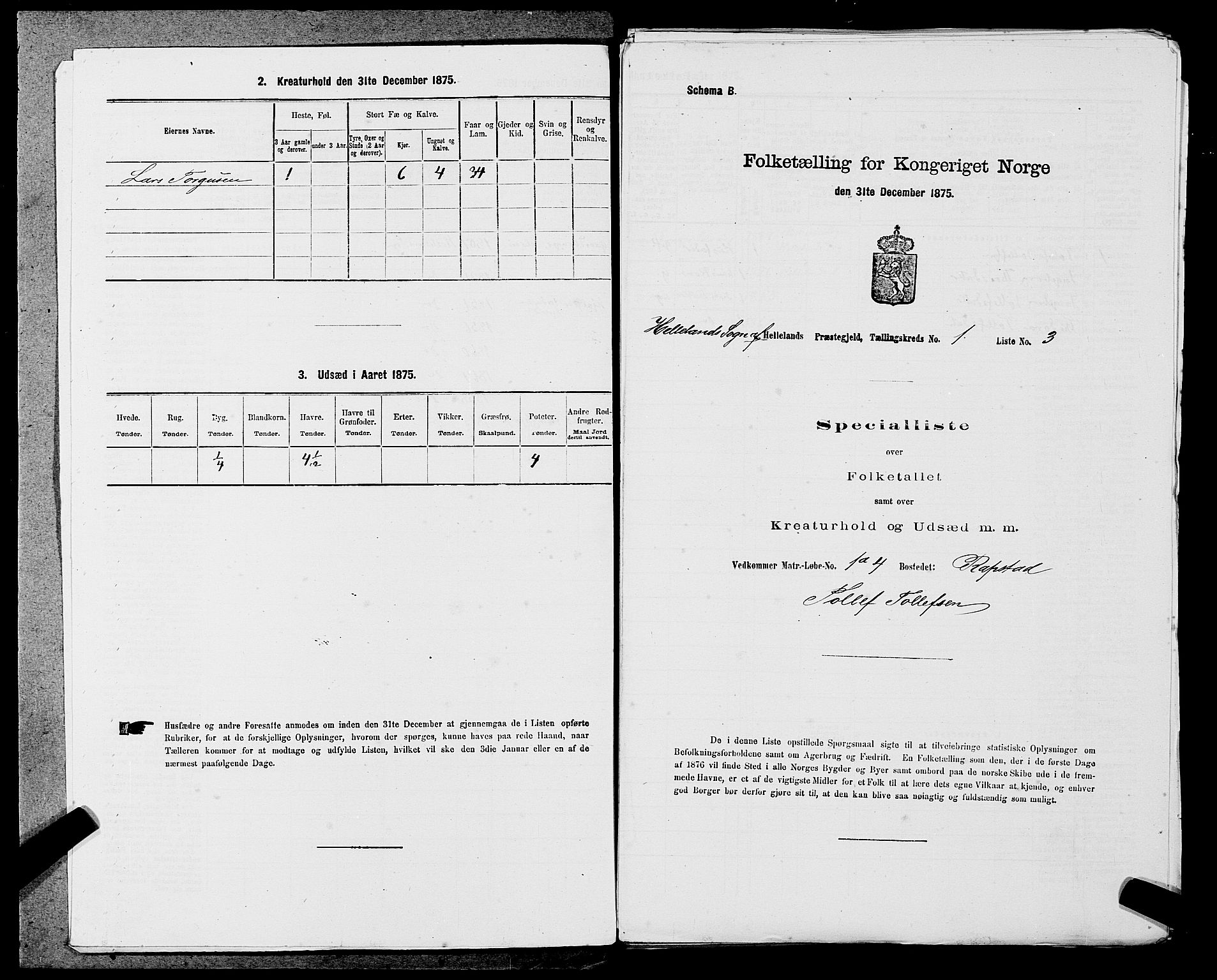 SAST, 1875 census for 1115P Helleland, 1875, p. 67