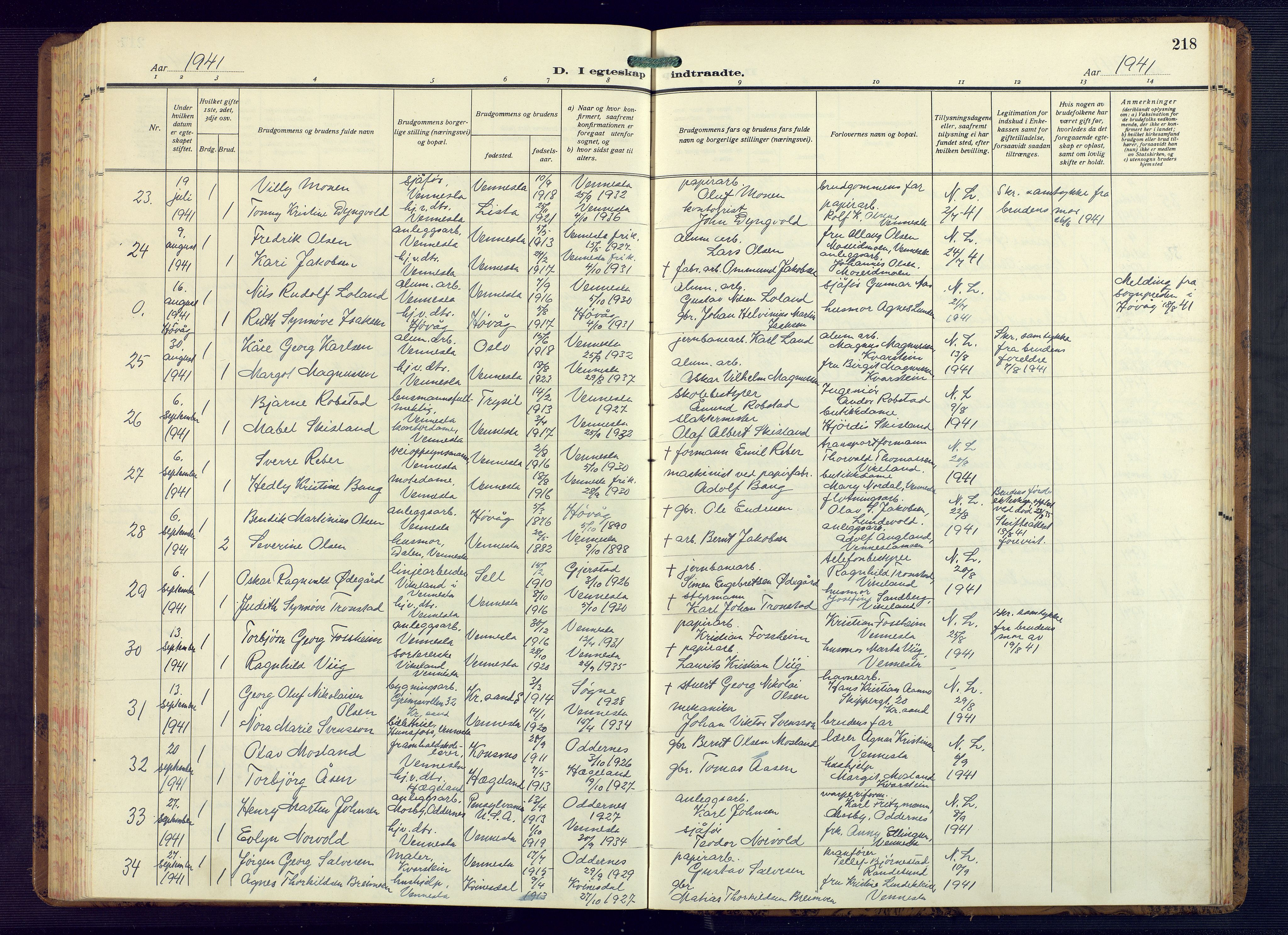 Vennesla sokneprestkontor, AV/SAK-1111-0045/Fb/Fbb/L0008: Parish register (copy) no. B 8, 1934-1947, p. 218